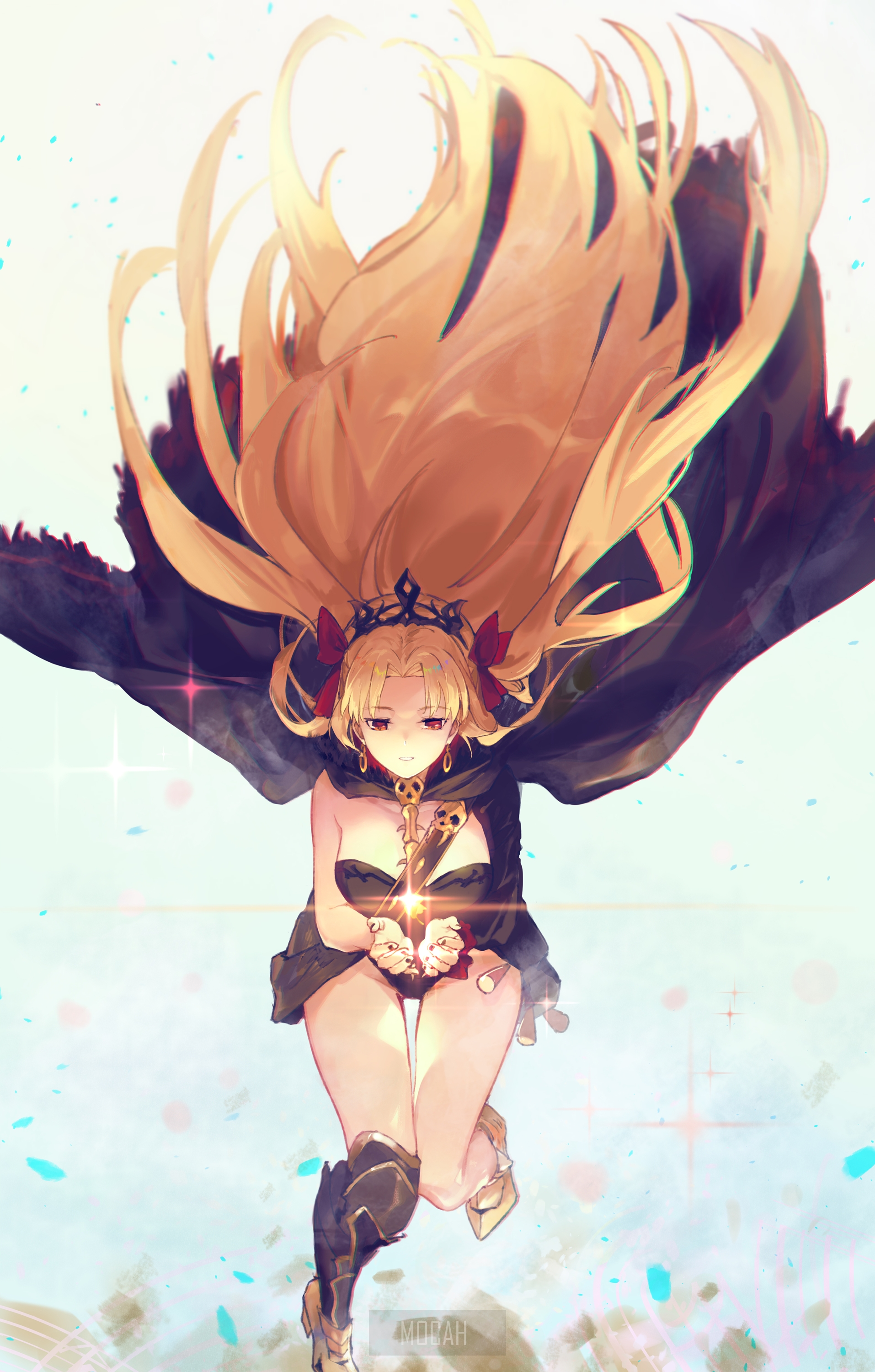 Anime girl with blonde hair holding a glowing key HD Phone Wallpaper
