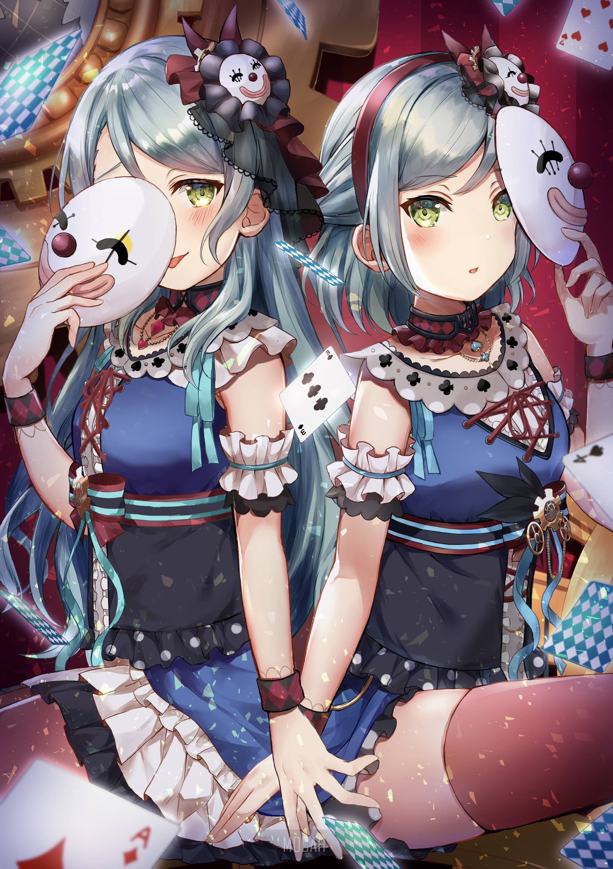 Two anime girls with clown masks and playing cards HD Phone Wallpaper