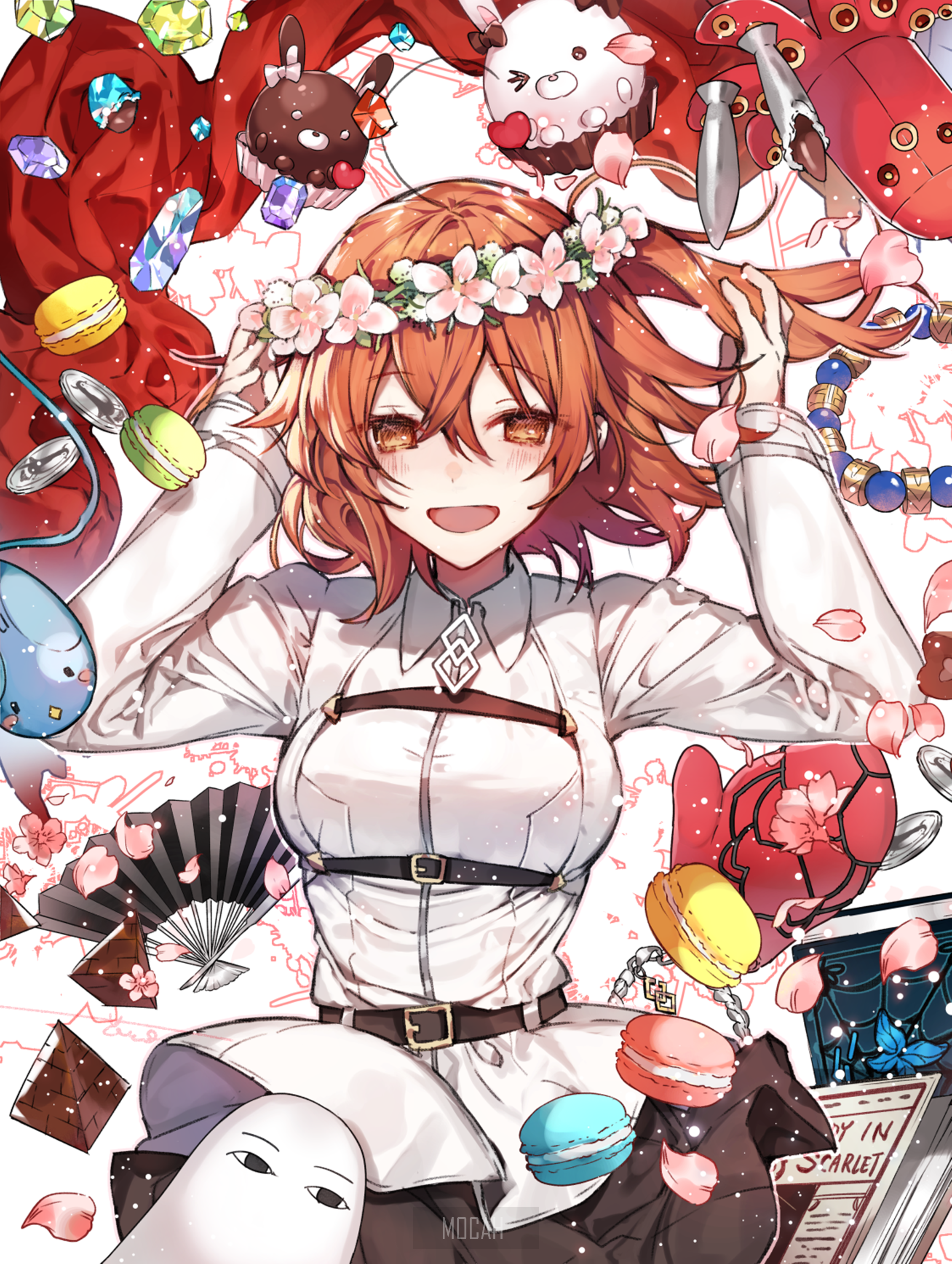 Anime girl with flower crown and macarons HD Phone Wallpaper