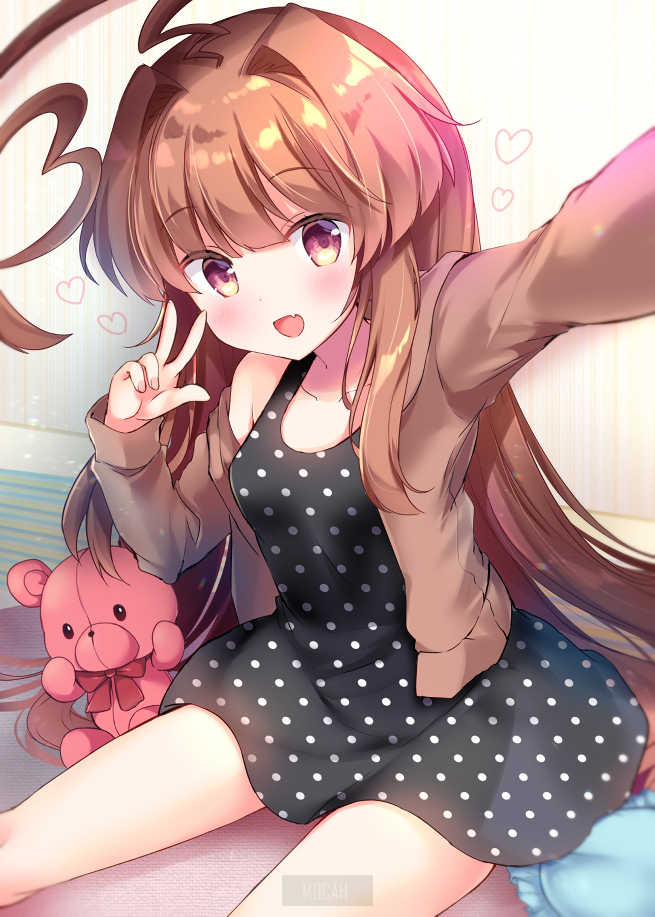 Anime girl taking a selfie with a teddy bear HD Phone Wallpaper