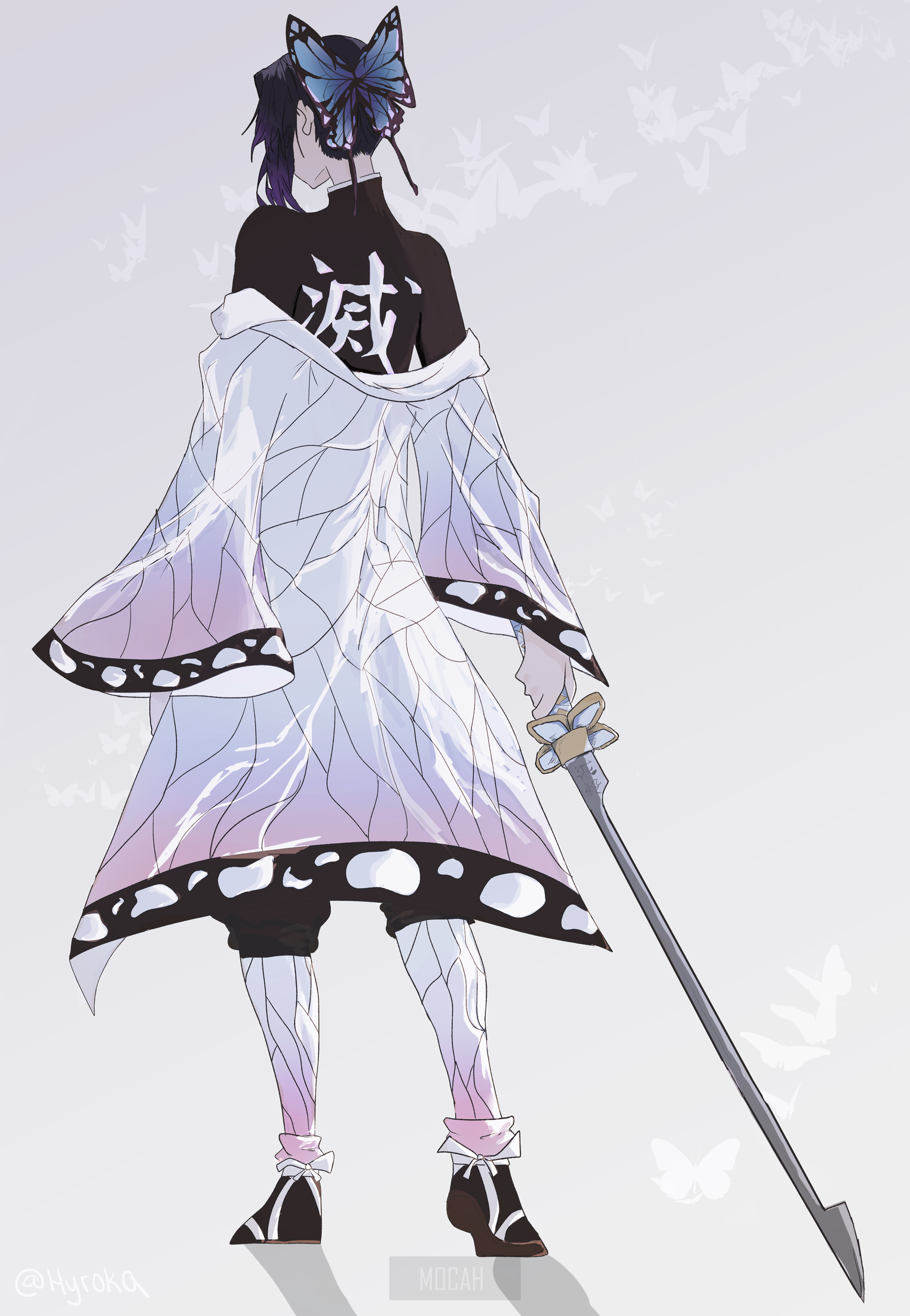 Anime girl with butterfly hair clip and sword HD Phone Wallpaper
