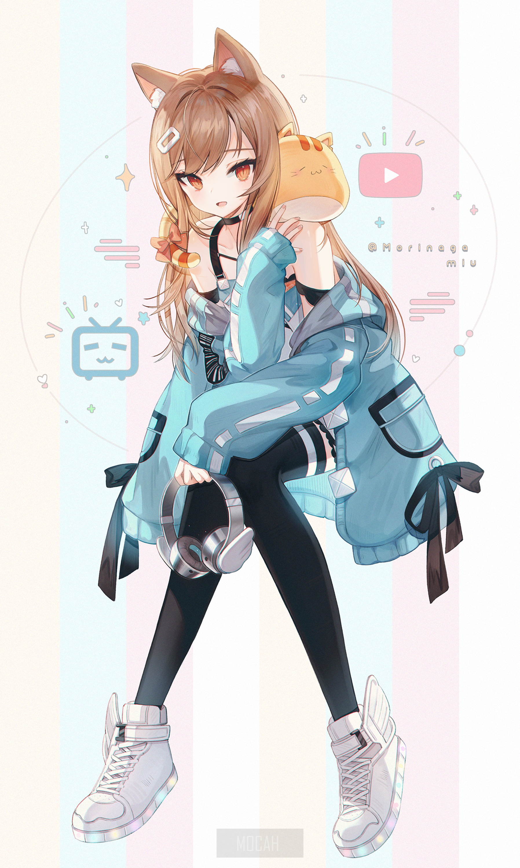 Anime girl with cat ears holding a plush toy HD Phone Wallpaper