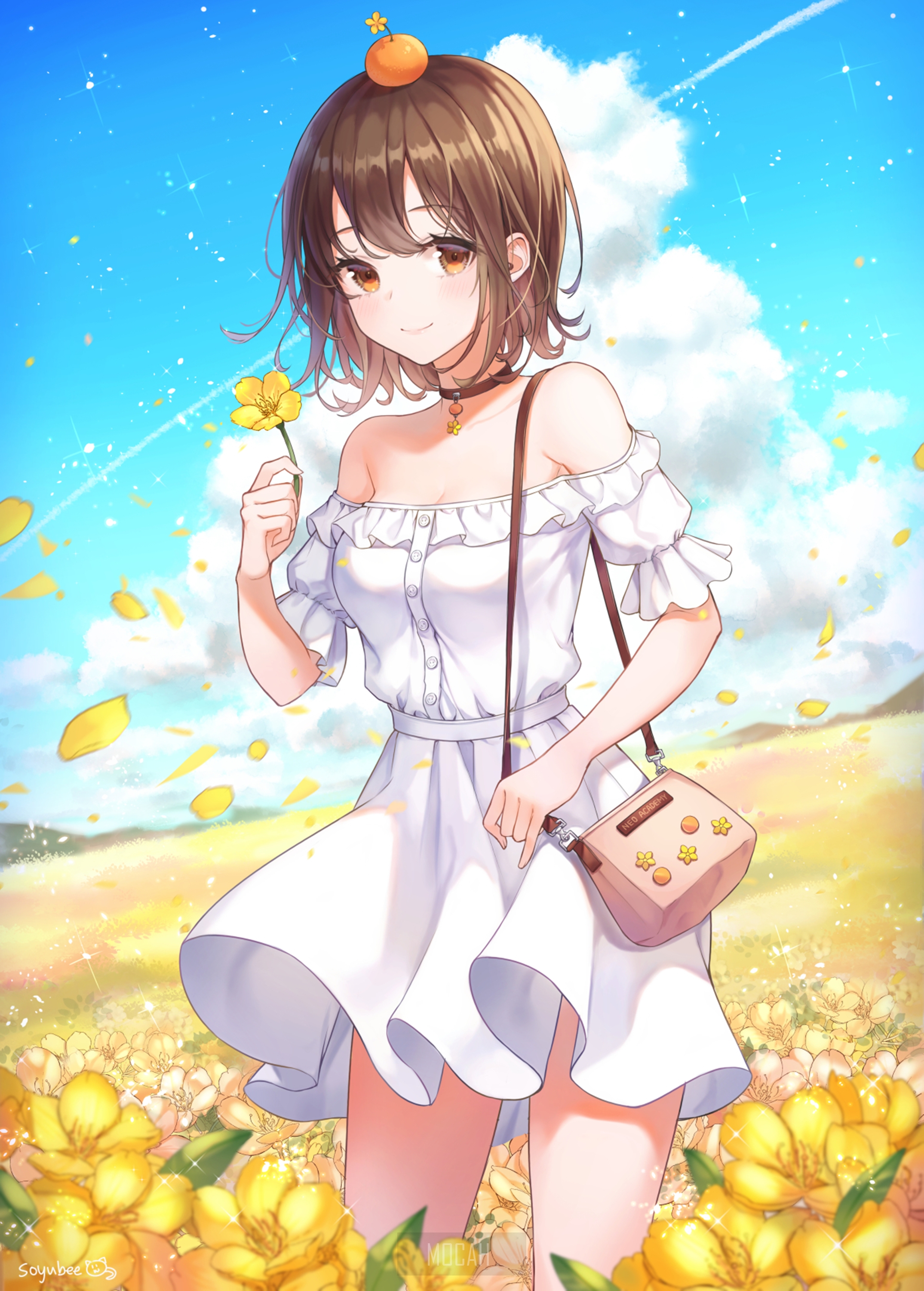Smiling Anime Girl in White Dress with Yellow Flowers HD Phone Wallpaper