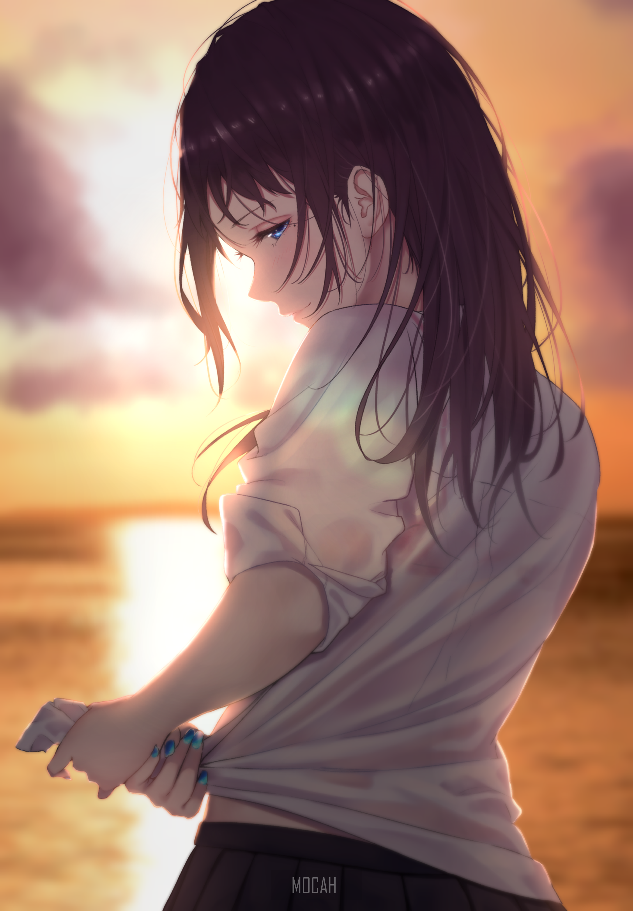 Anime girl by the ocean at sunset HD Phone Wallpaper