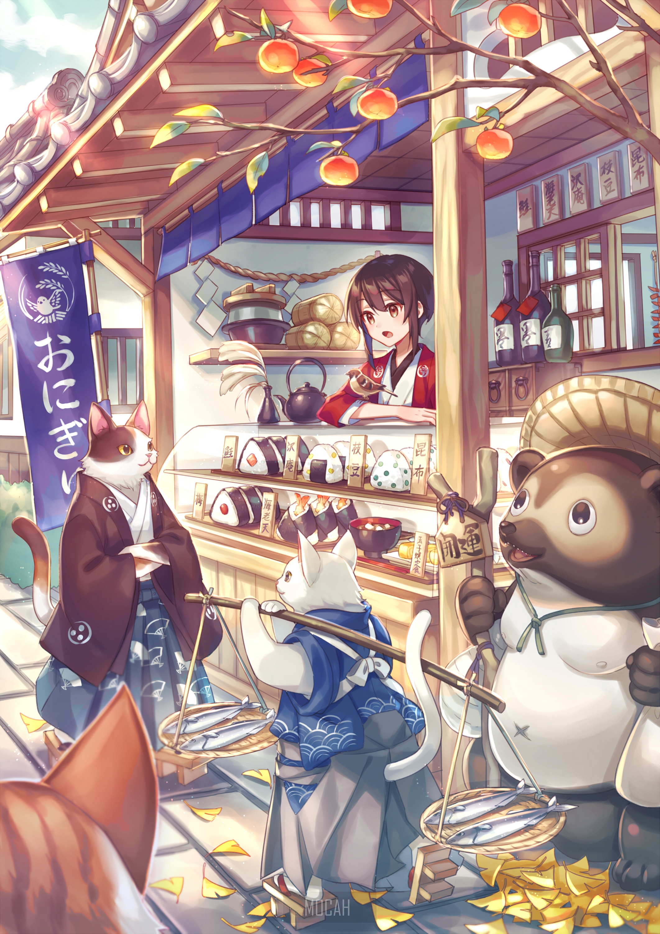 Anime cats and tanuki at a Japanese food stall HD Phone Wallpaper