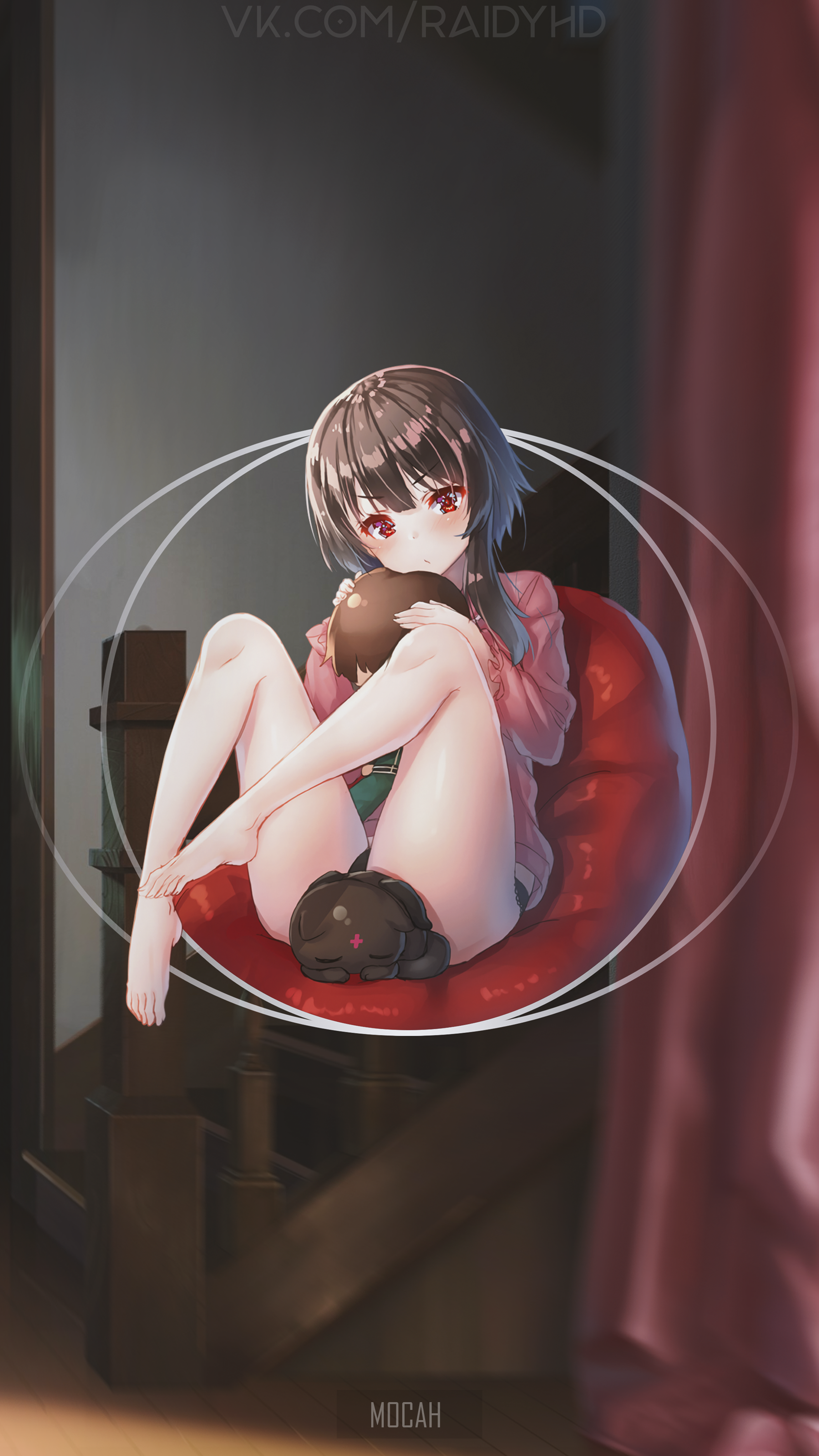 Megumin from KonoSuba sitting on a beanbag chair HD Phone Wallpaper