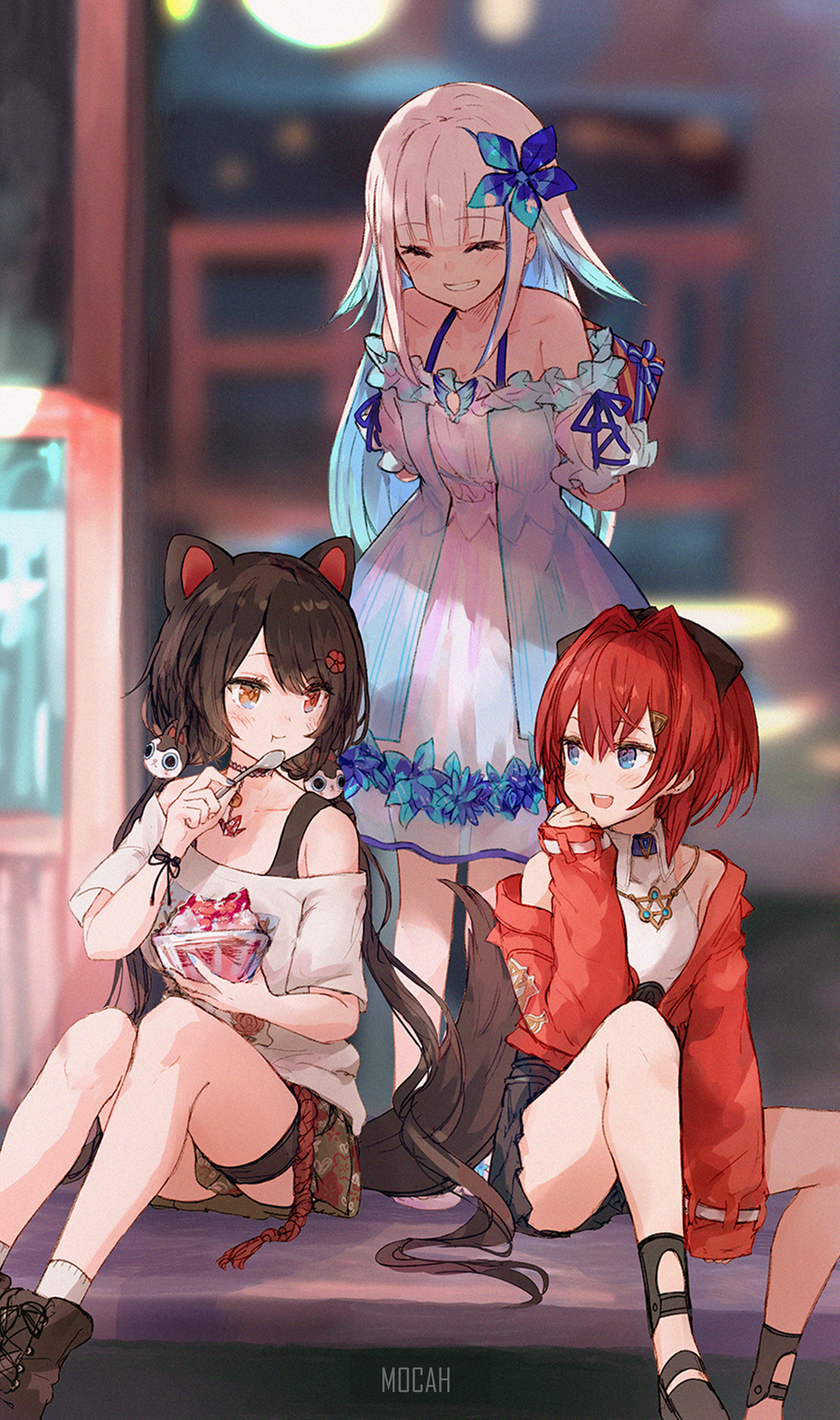 Three anime girls enjoying dessert outdoors HD Phone Wallpaper