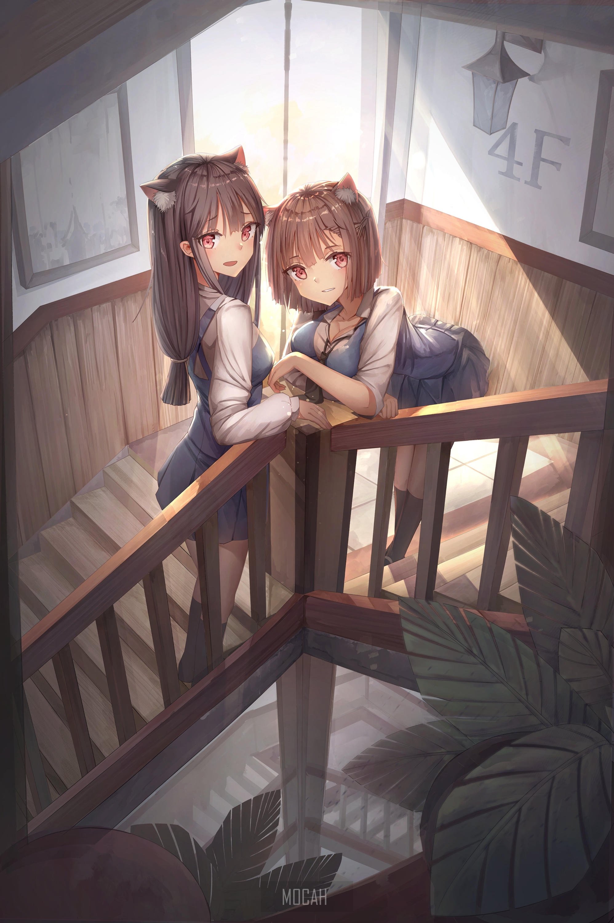 Two anime girls with cat ears on stairs HD Phone Wallpaper