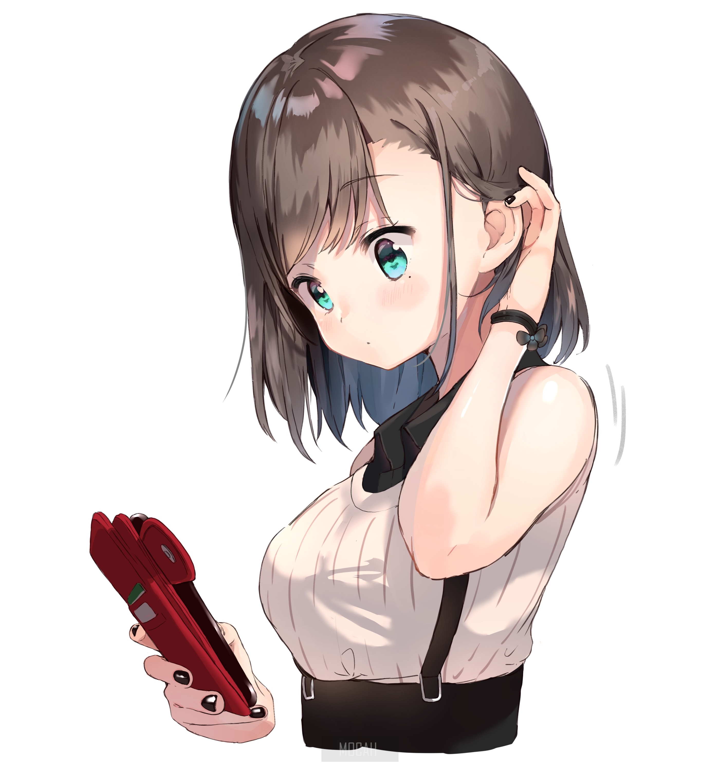 Anime girl holding a red device HD Phone Wallpaper