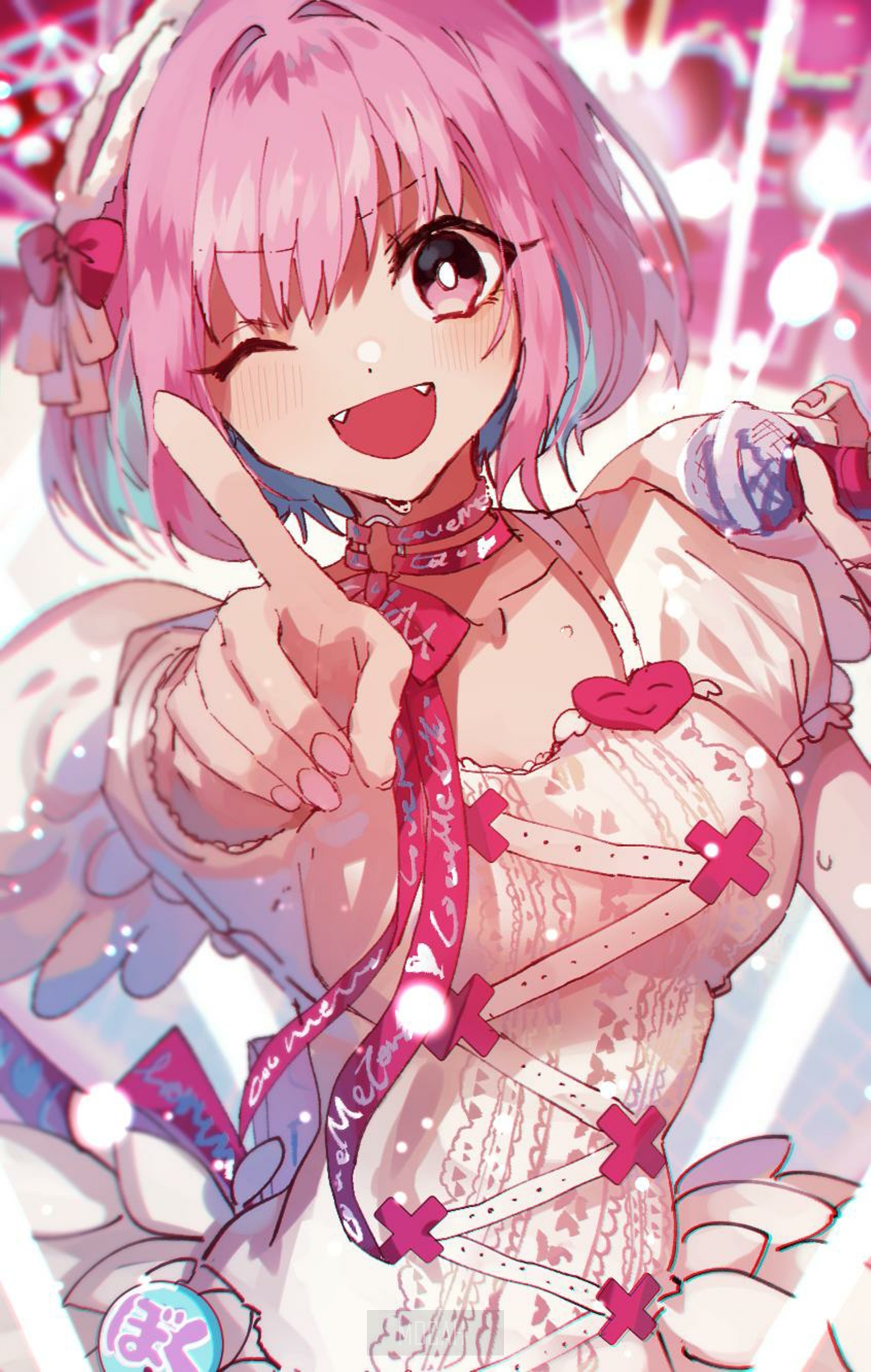 Anime girl with pink hair singing into a microphone HD Phone Wallpaper