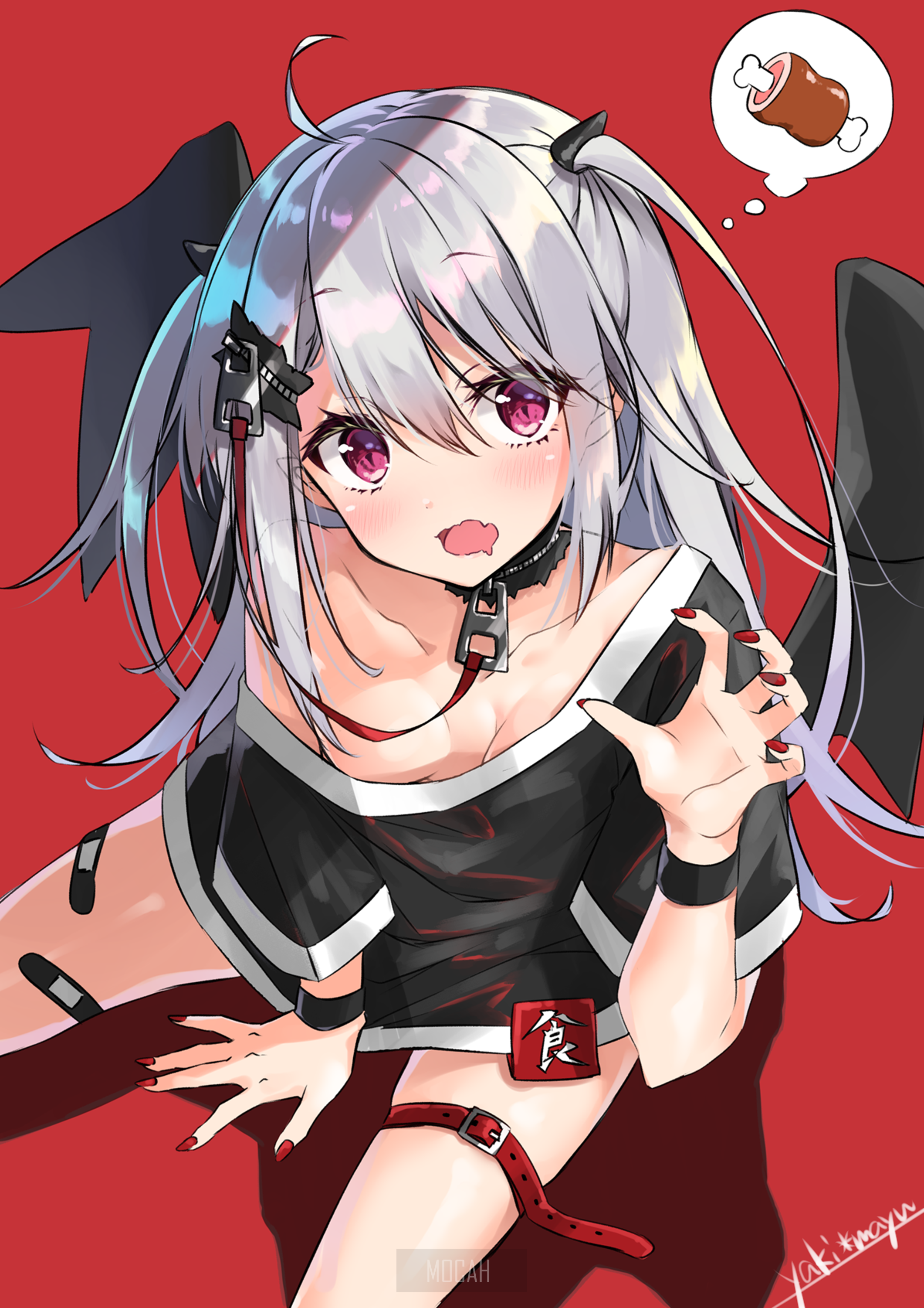 Anime girl with horns and wings thinking of meat HD Phone Wallpaper