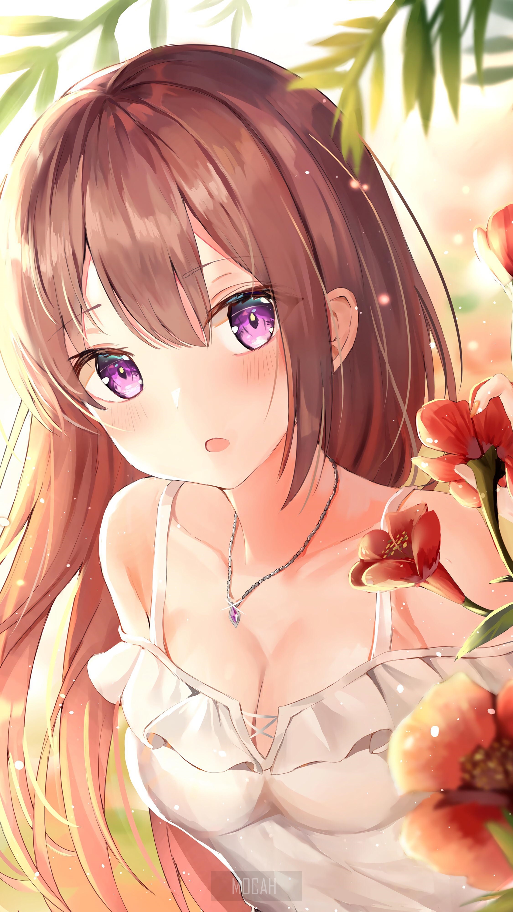Anime girl with purple eyes and brown hair HD Phone Wallpaper