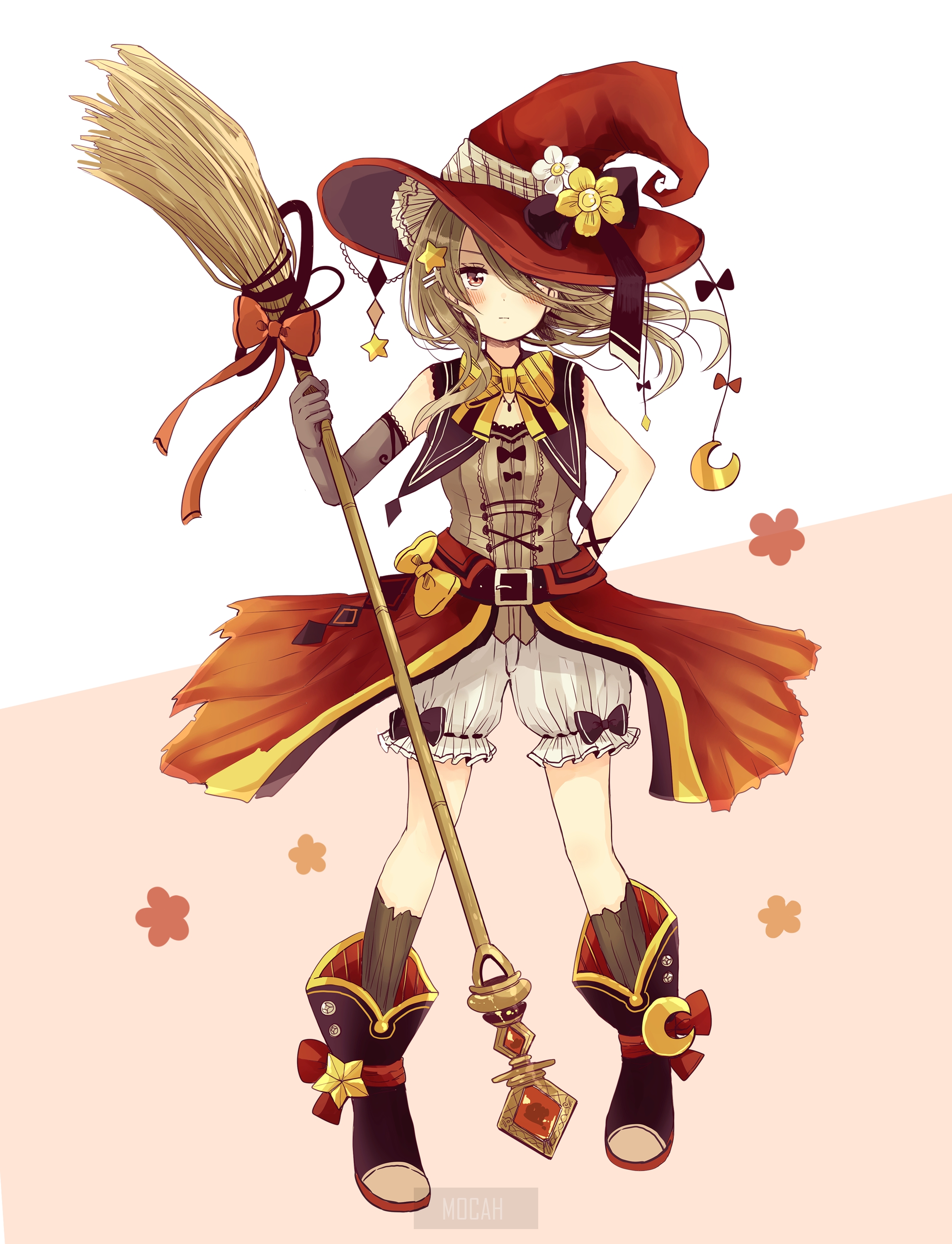 Anime girl witch with broom and staff HD Phone Wallpaper