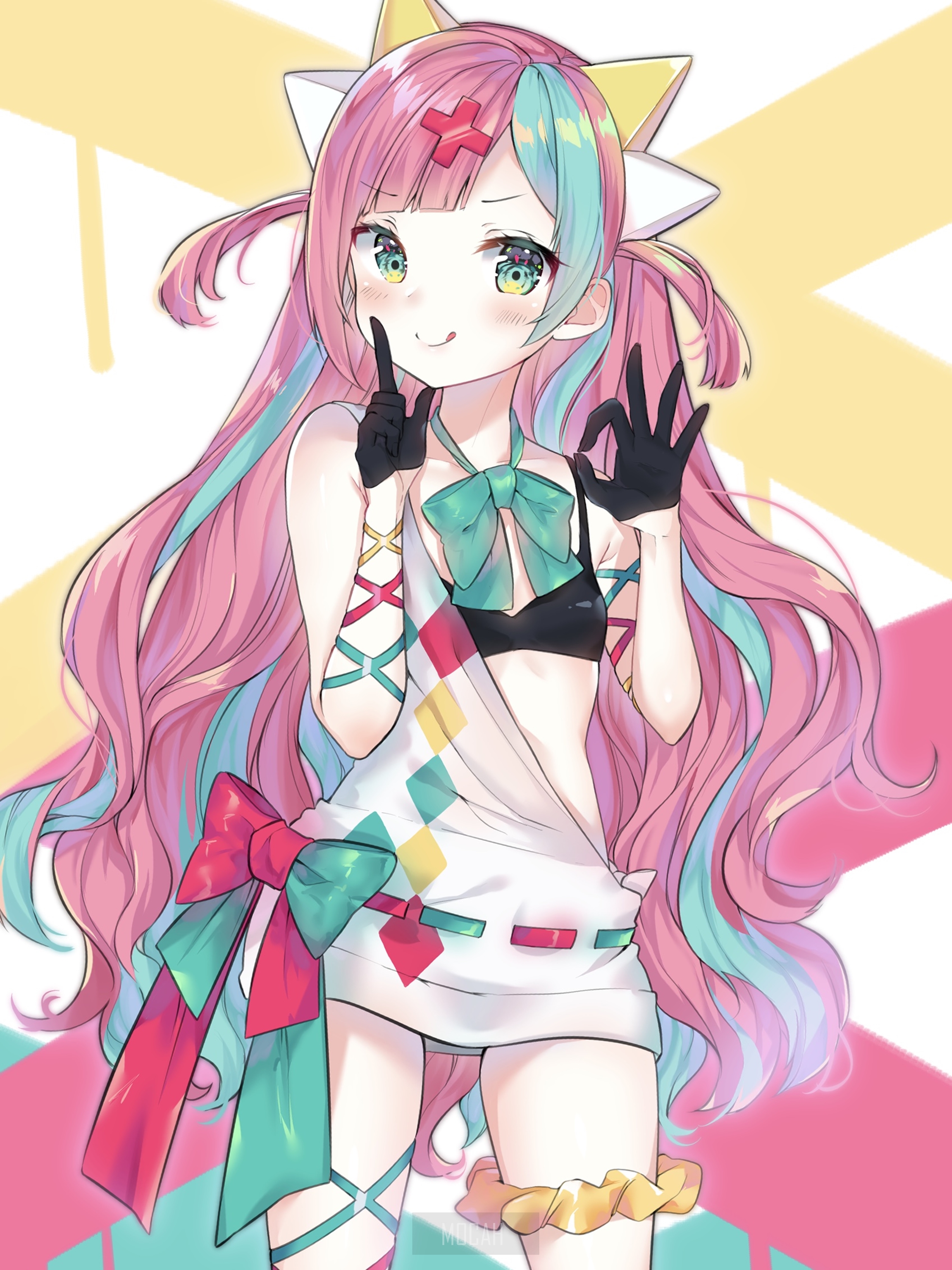 Anime girl with pink and blue hair HD Phone Wallpaper