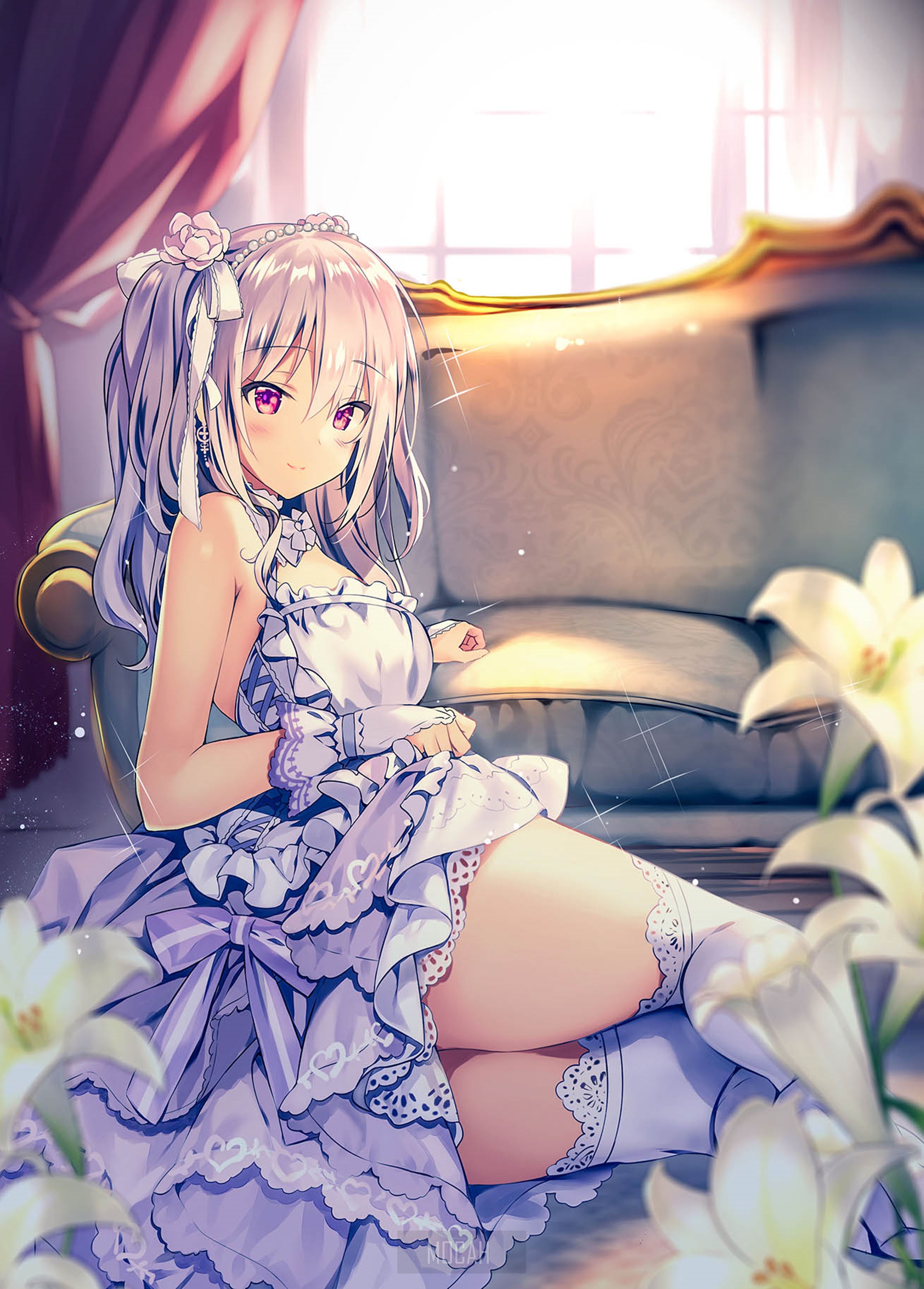 Anime girl in a purple dress sitting on a couch HD Phone Wallpaper