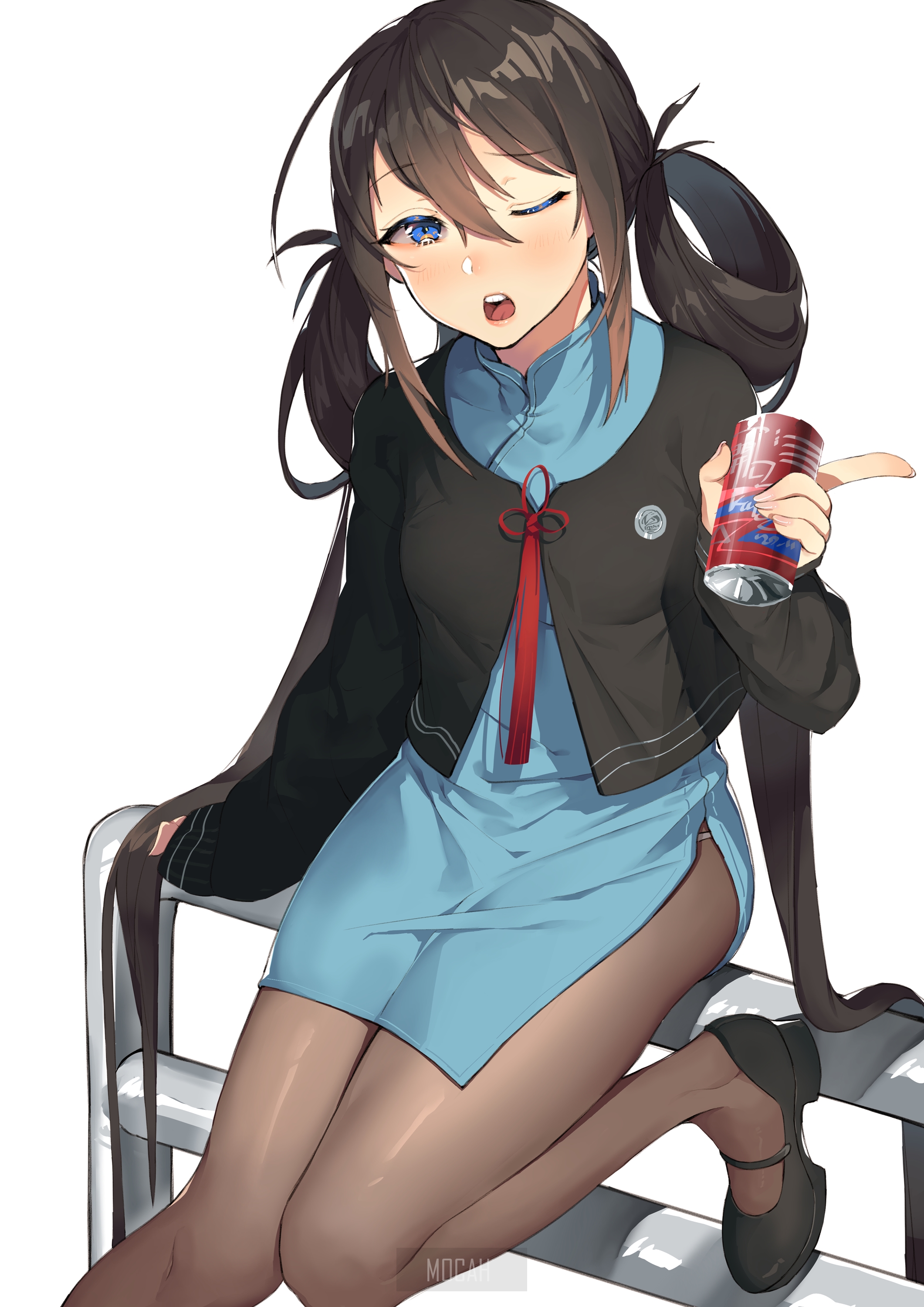 Anime girl with pigtails holding a soda can HD Phone Wallpaper