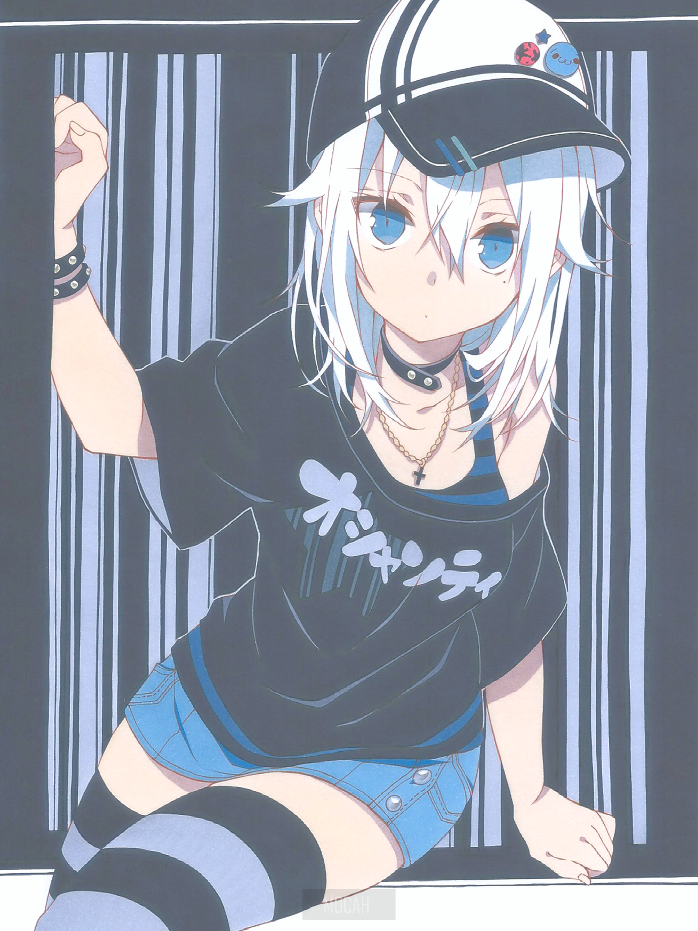 Anime girl with white hair wearing a cap and shorts HD Phone Wallpaper