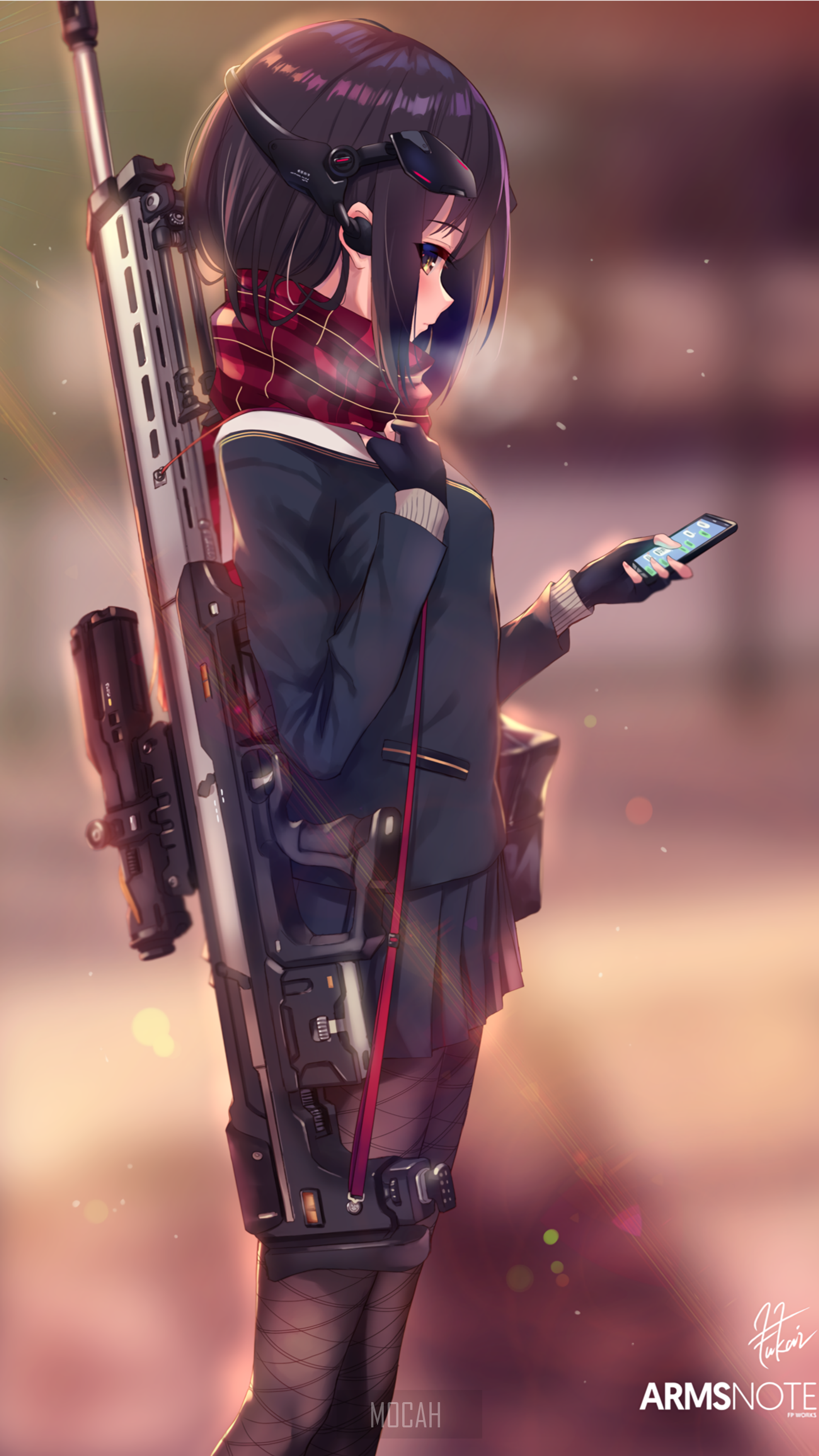 Anime girl with DSR-50 rifle and phone HD Phone Wallpaper