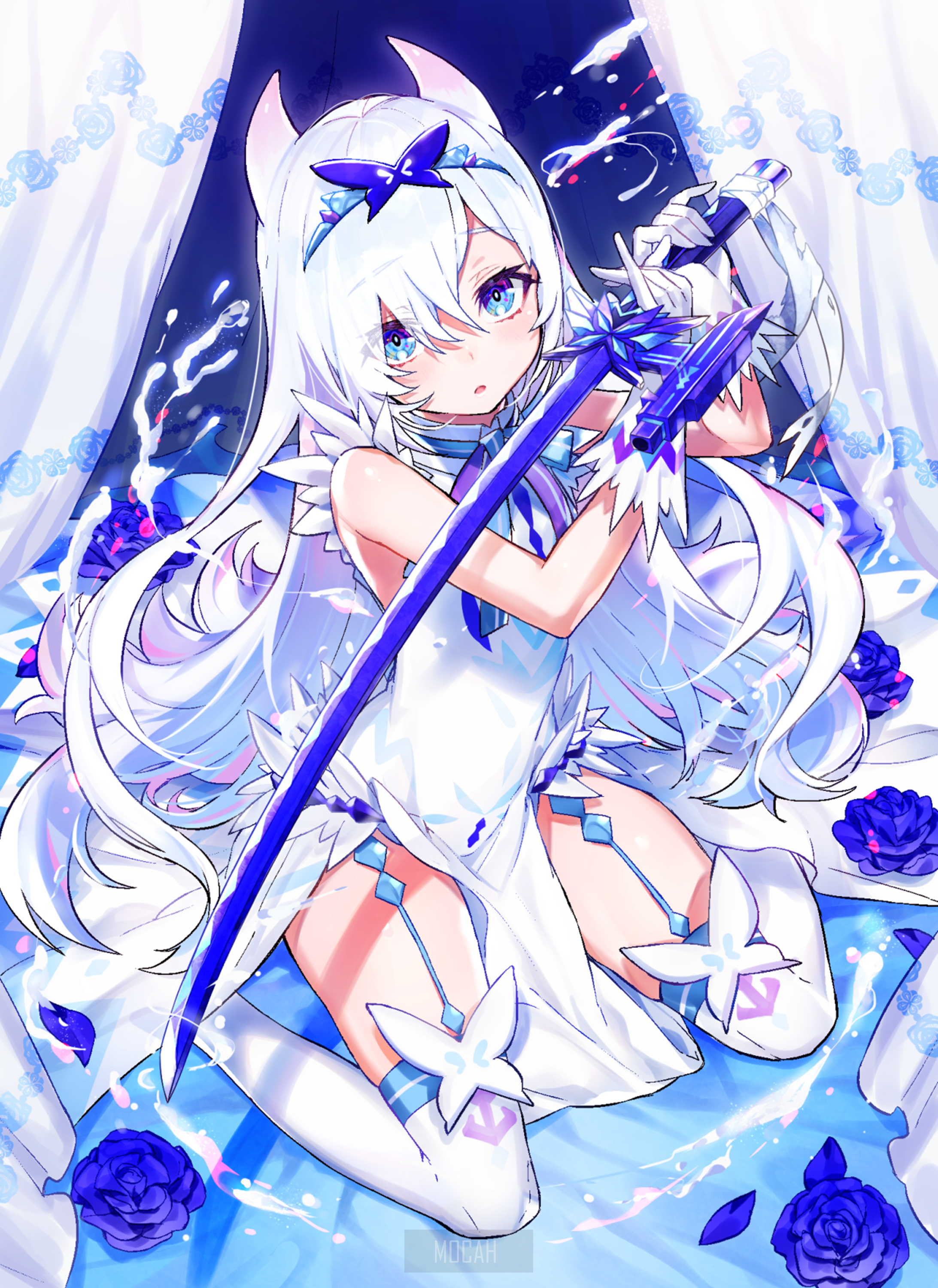 Anime girl with white hair and blue eyes holding a sword HD Phone Wallpaper