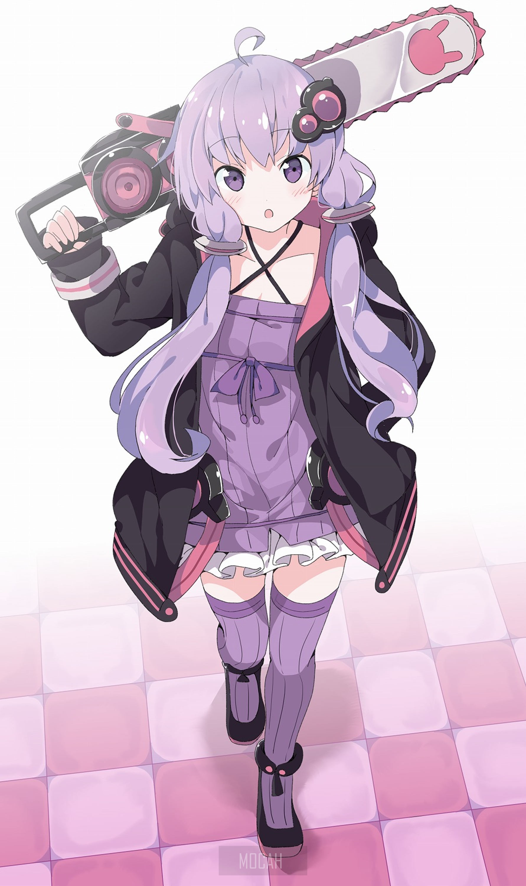 Anime girl with purple hair holding a chainsaw HD Phone Wallpaper