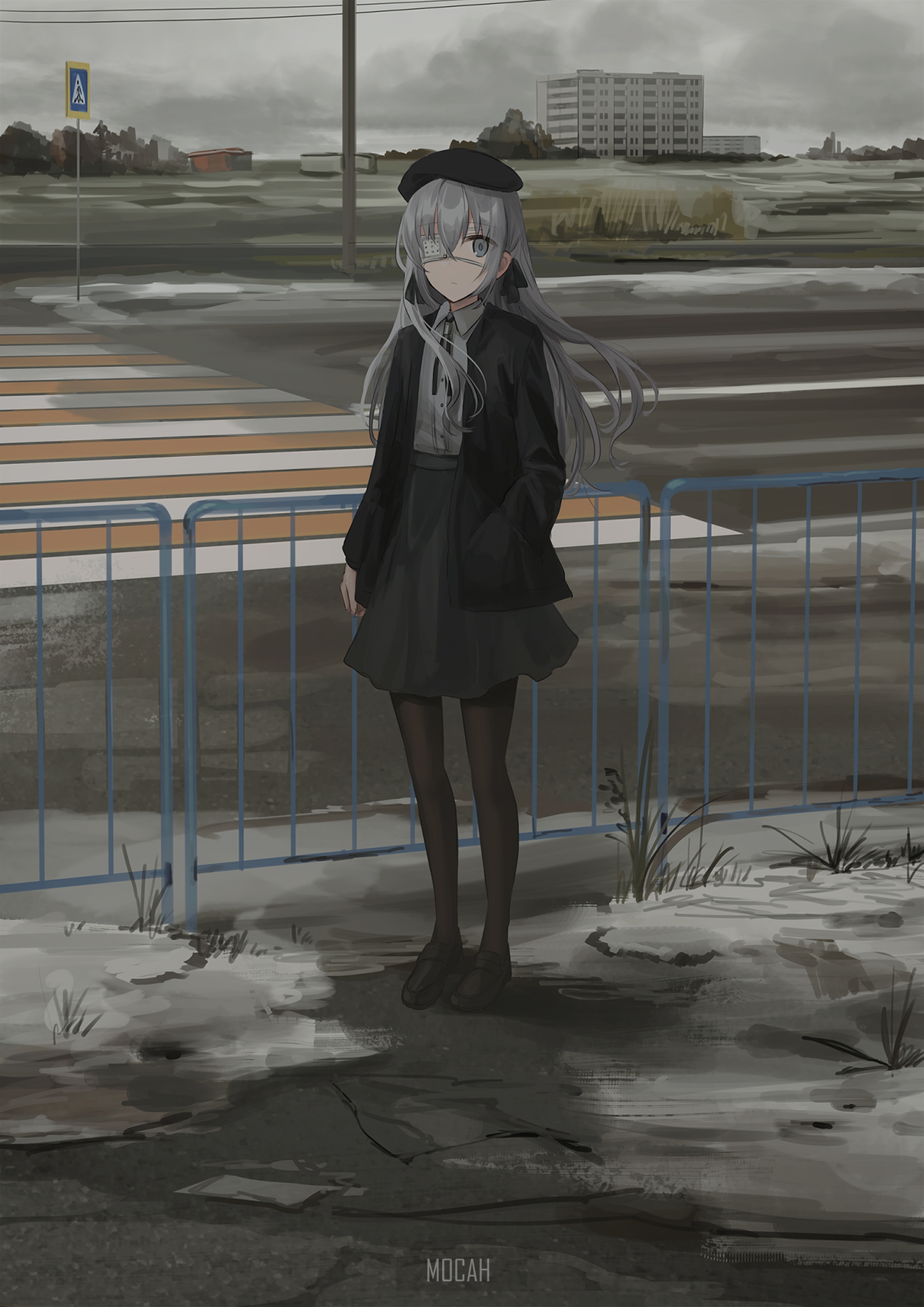 Anime girl with long gray hair and glasses HD Phone Wallpaper