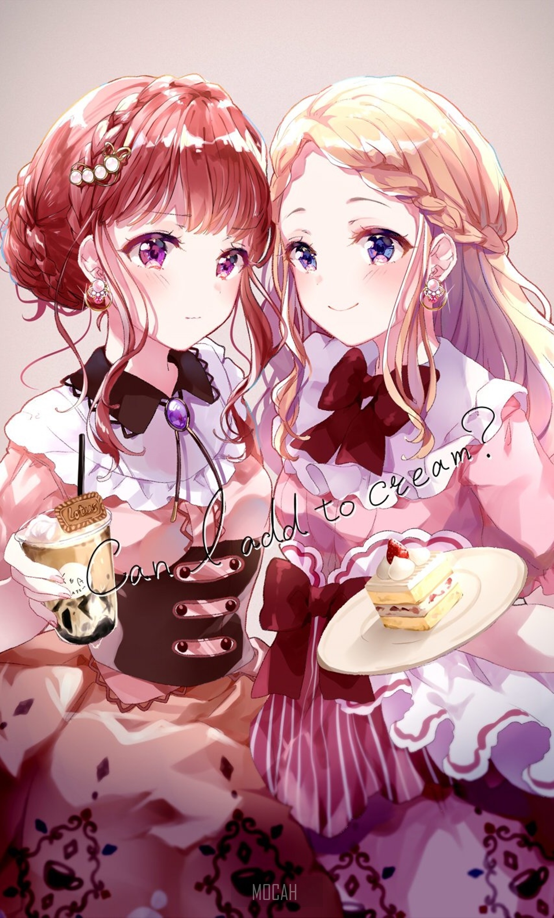 Two anime girls with drinks and cake HD Phone Wallpaper