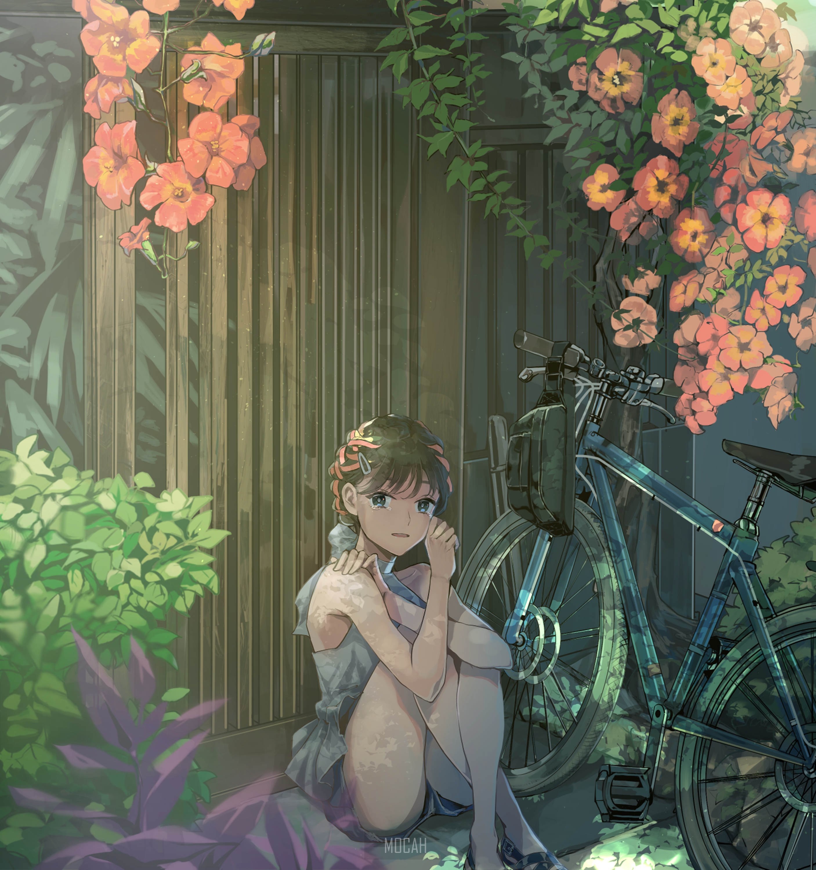 Anime girl sitting by a bicycle with flowers HD Phone Wallpaper
