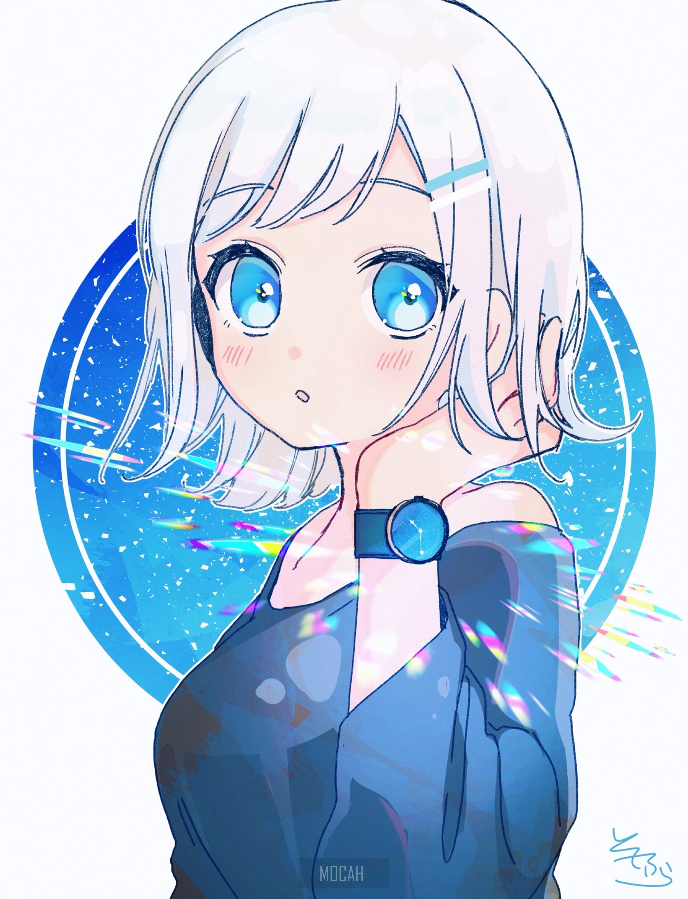 Anime girl with white hair and blue eyes wearing a watch HD Phone Wallpaper