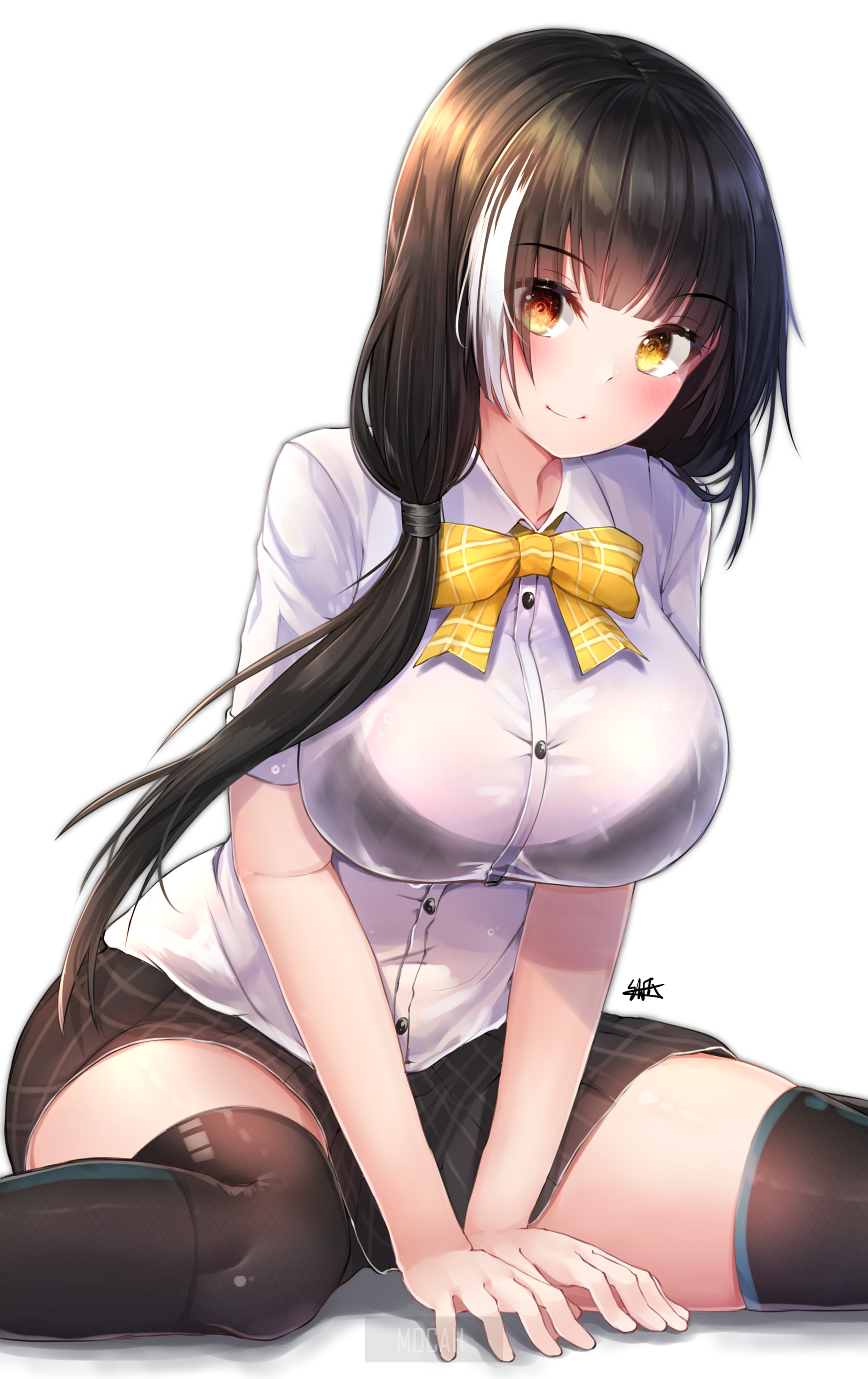 Anime girl with black hair and yellow bow HD Phone Wallpaper