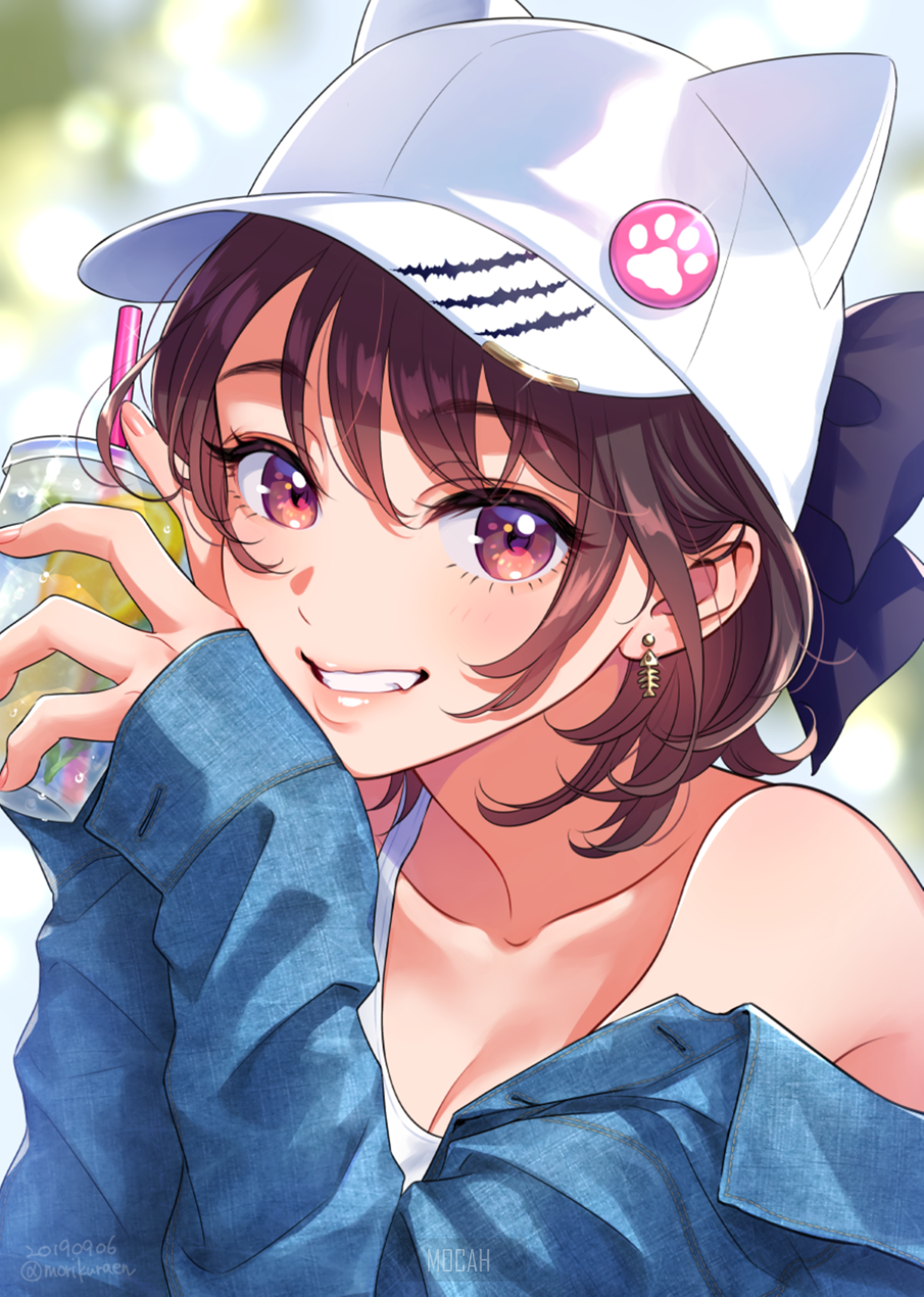 Anime girl with cat ears hat holding a drink HD Phone Wallpaper