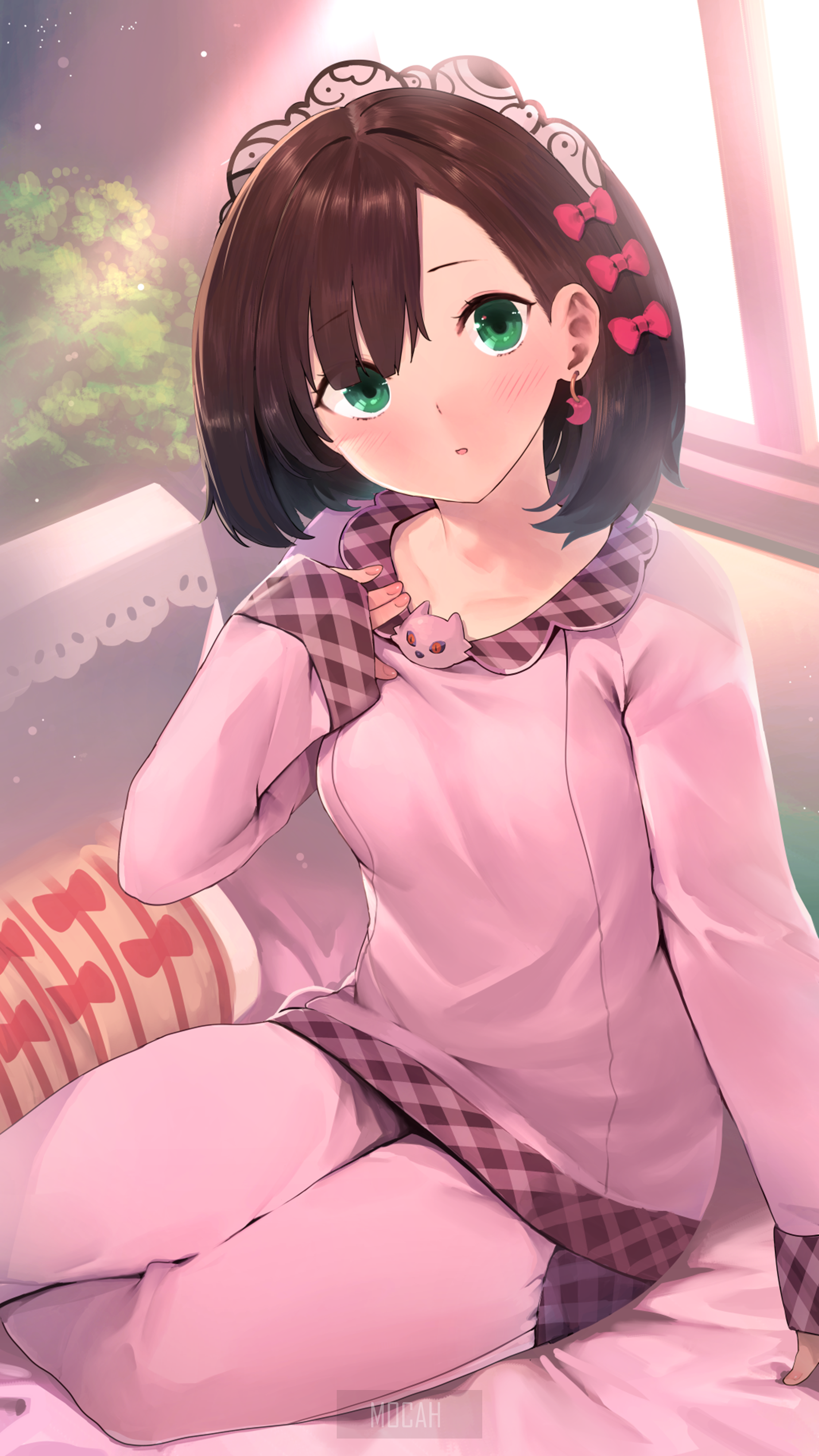 Anime girl in pajamas with pink bows HD Phone Wallpaper
