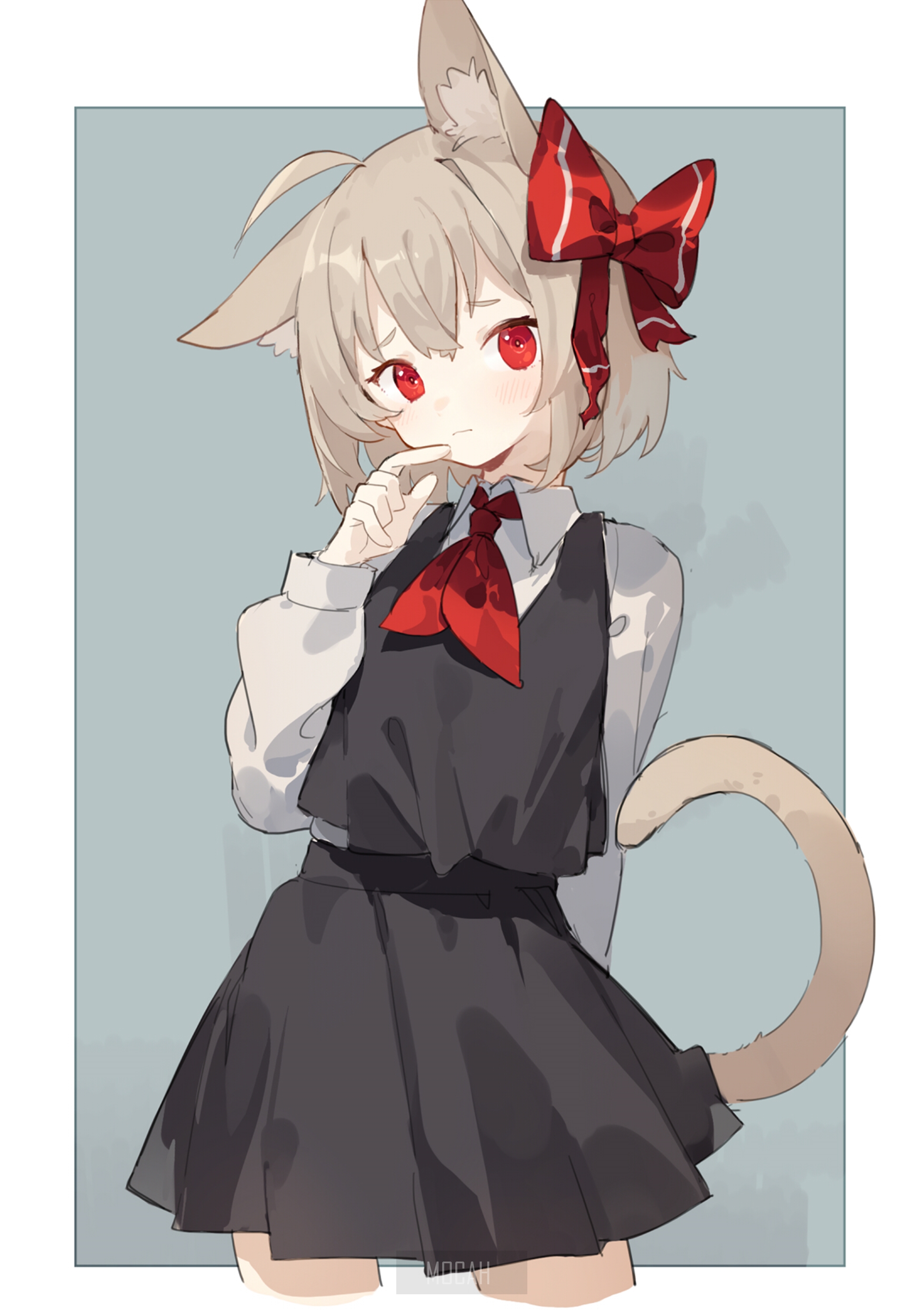 Anime girl with cat ears and red bow HD Phone Wallpaper