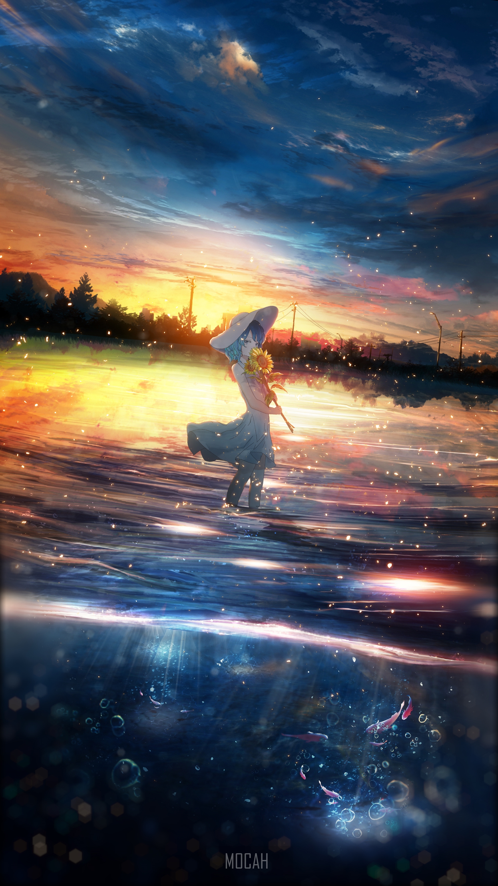 Anime girl with sunflowers and hat in water at sunset HD Phone Wallpaper