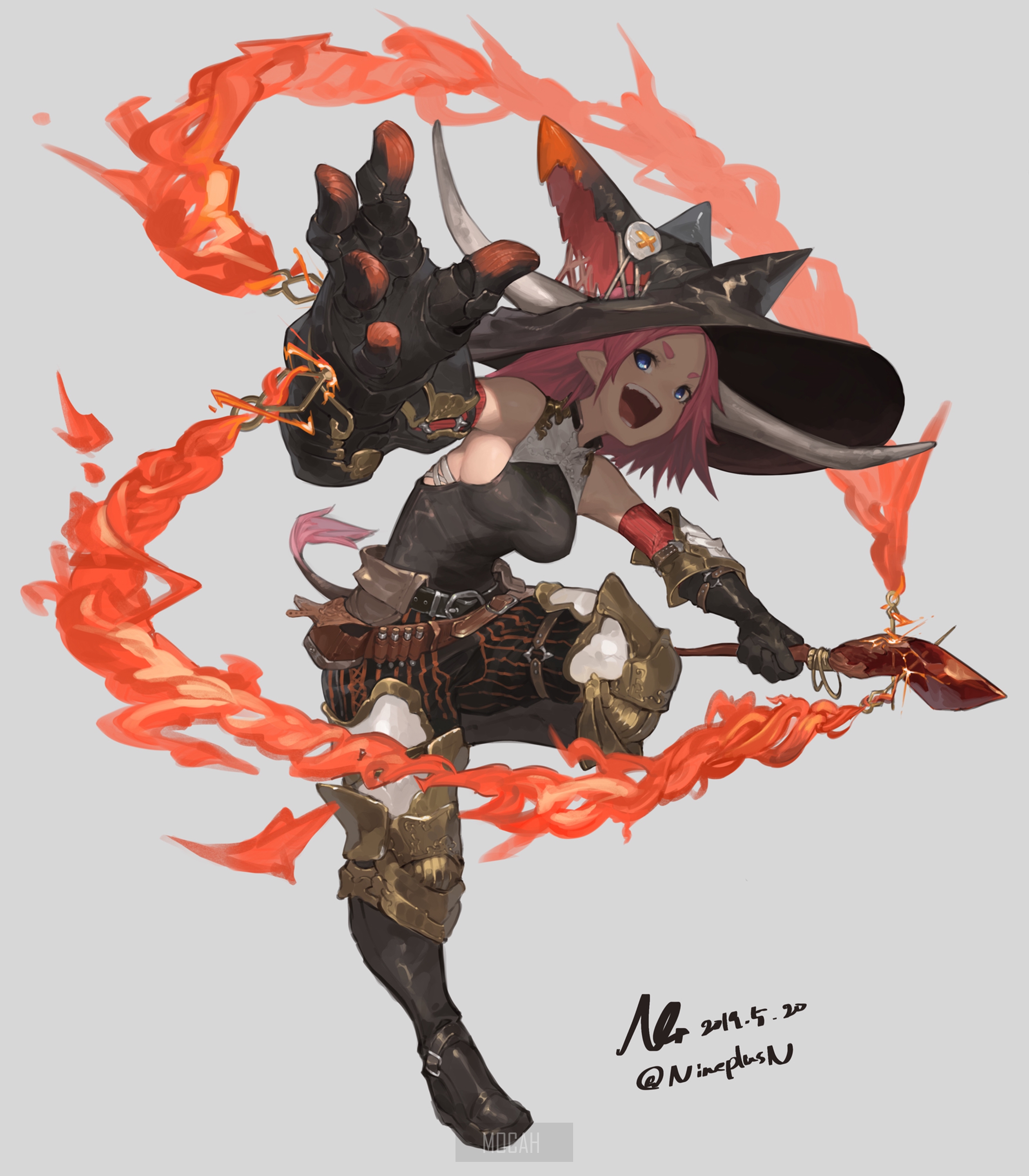 Witch with pink hair and fiery magic by NineplusN HD Phone Wallpaper