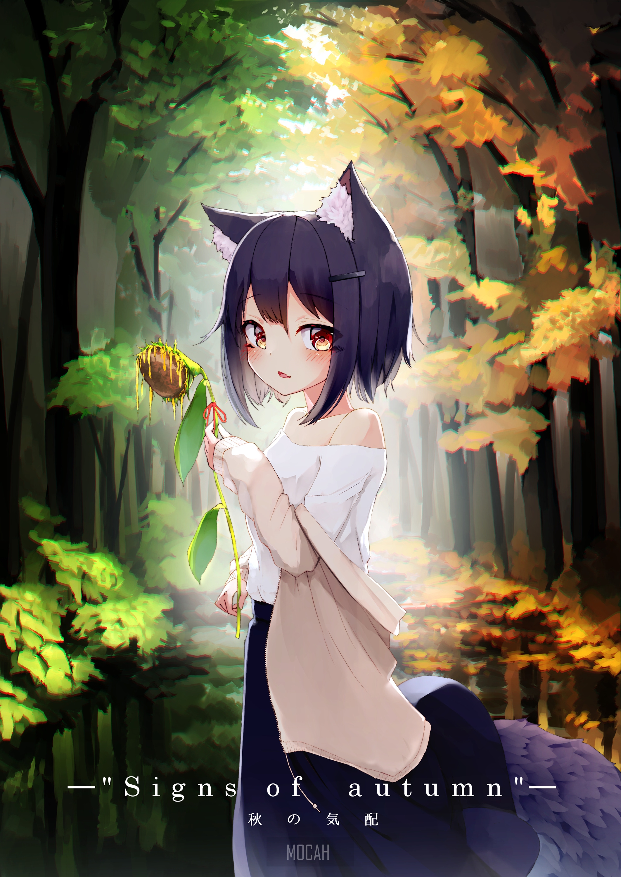 Anime girl with cat ears holding a flower in autumn forest HD Phone Wallpaper