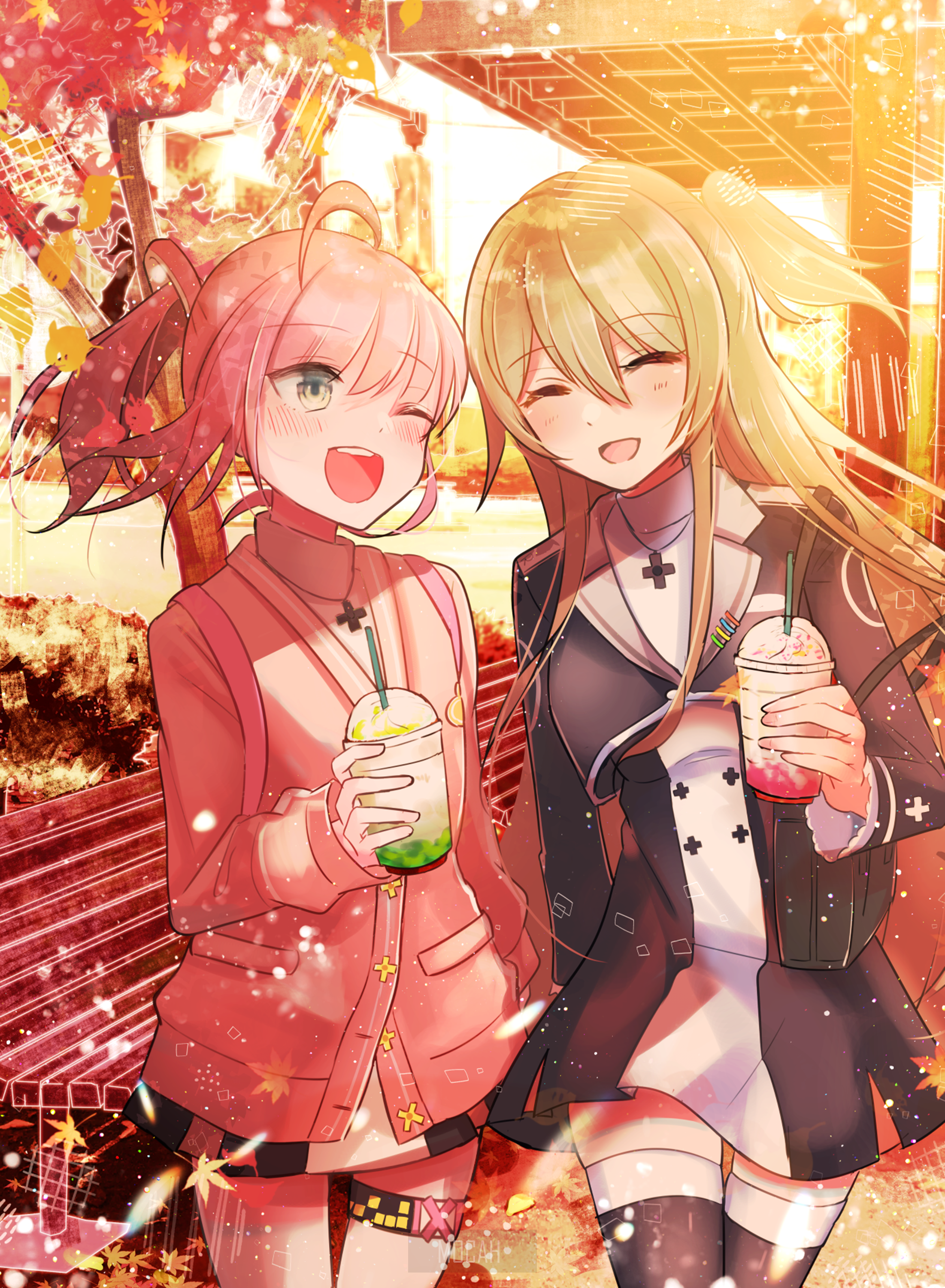 Two anime girls with drinks in autumn setting HD Phone Wallpaper
