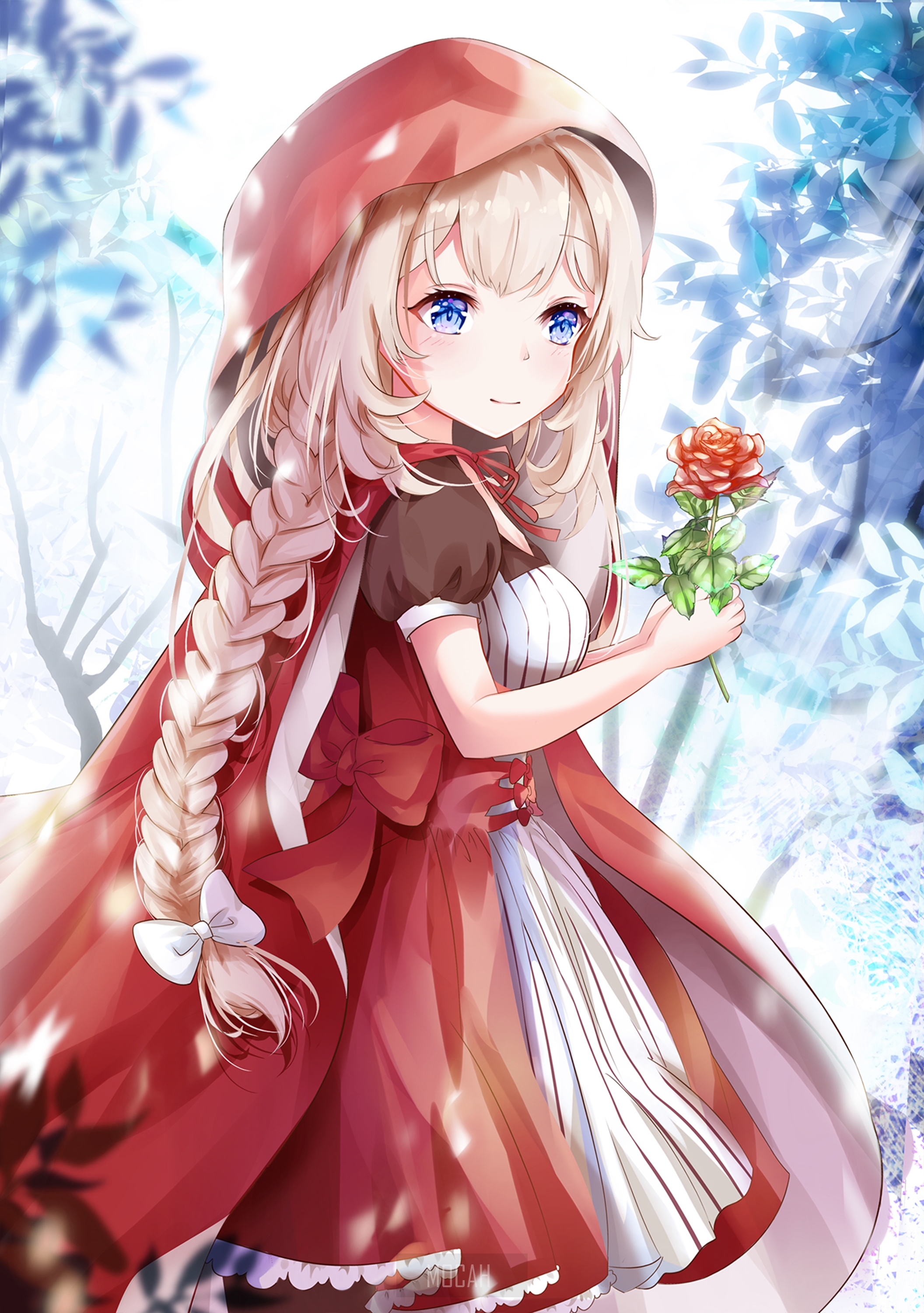Anime Girl in Red Hood Holding a Rose HD Phone Wallpaper