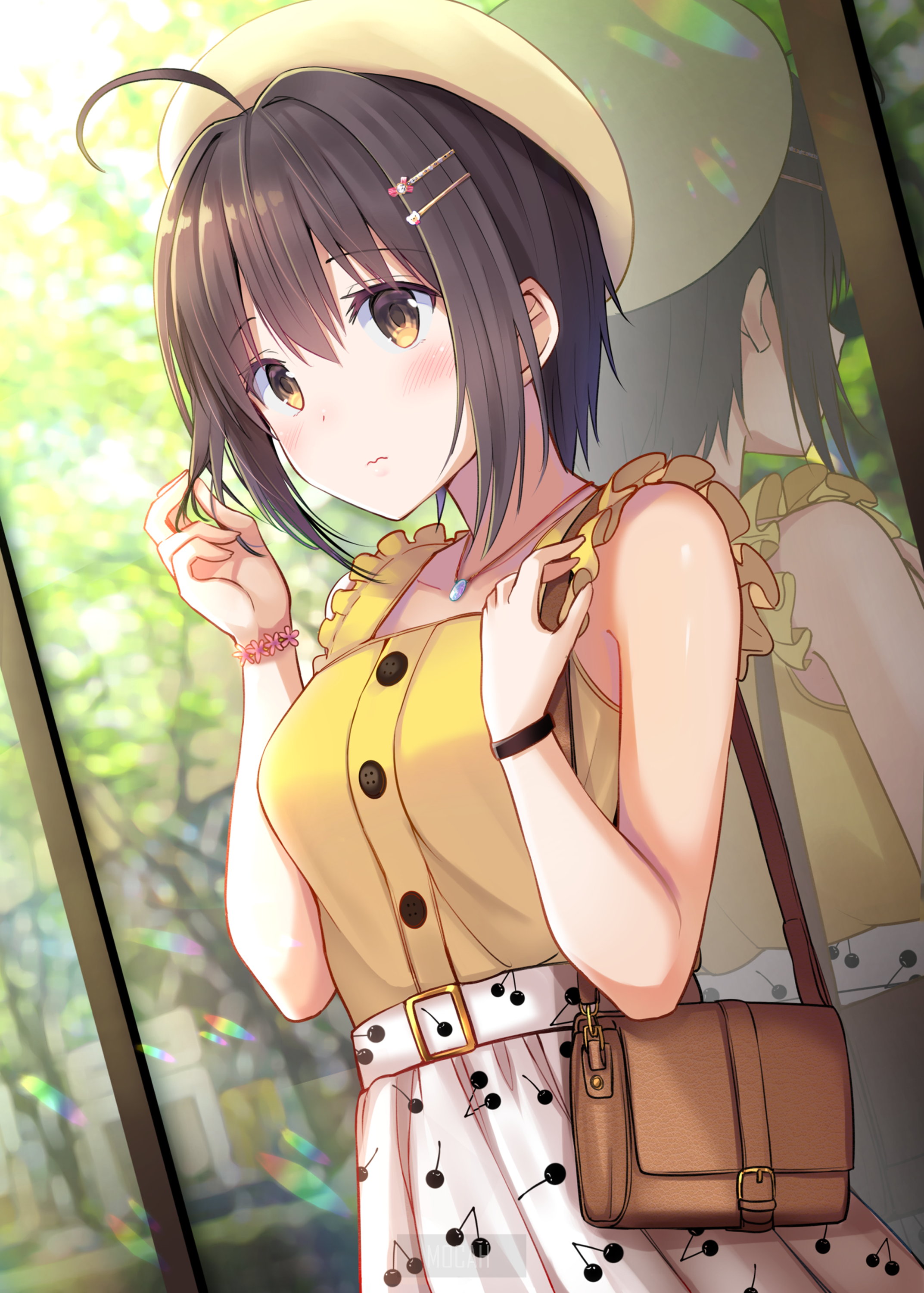Anime girl with brown hair wearing a yellow dress and hat HD Phone Wallpaper