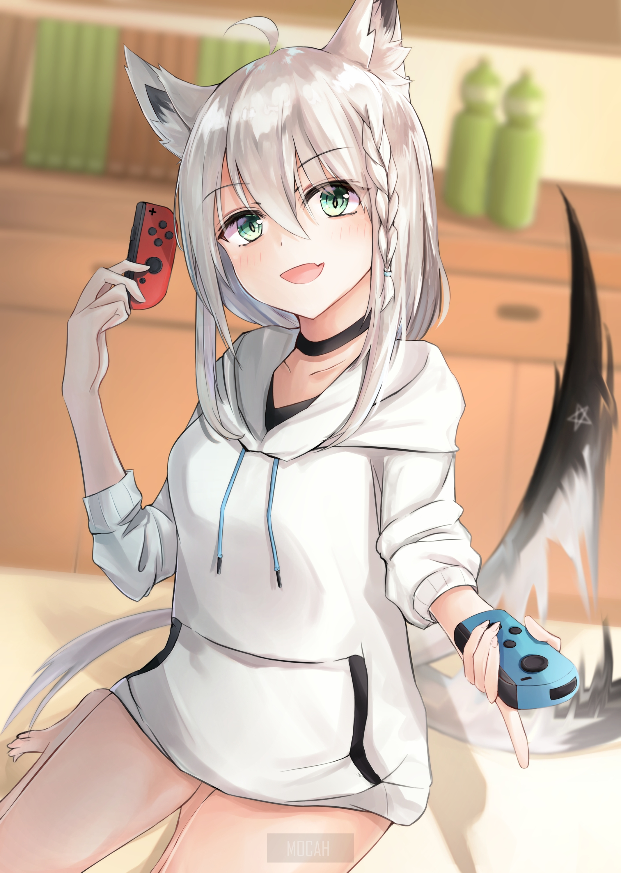 Cute Anime Girl with Fox Ears Holding Game Controllers HD Phone Wallpaper
