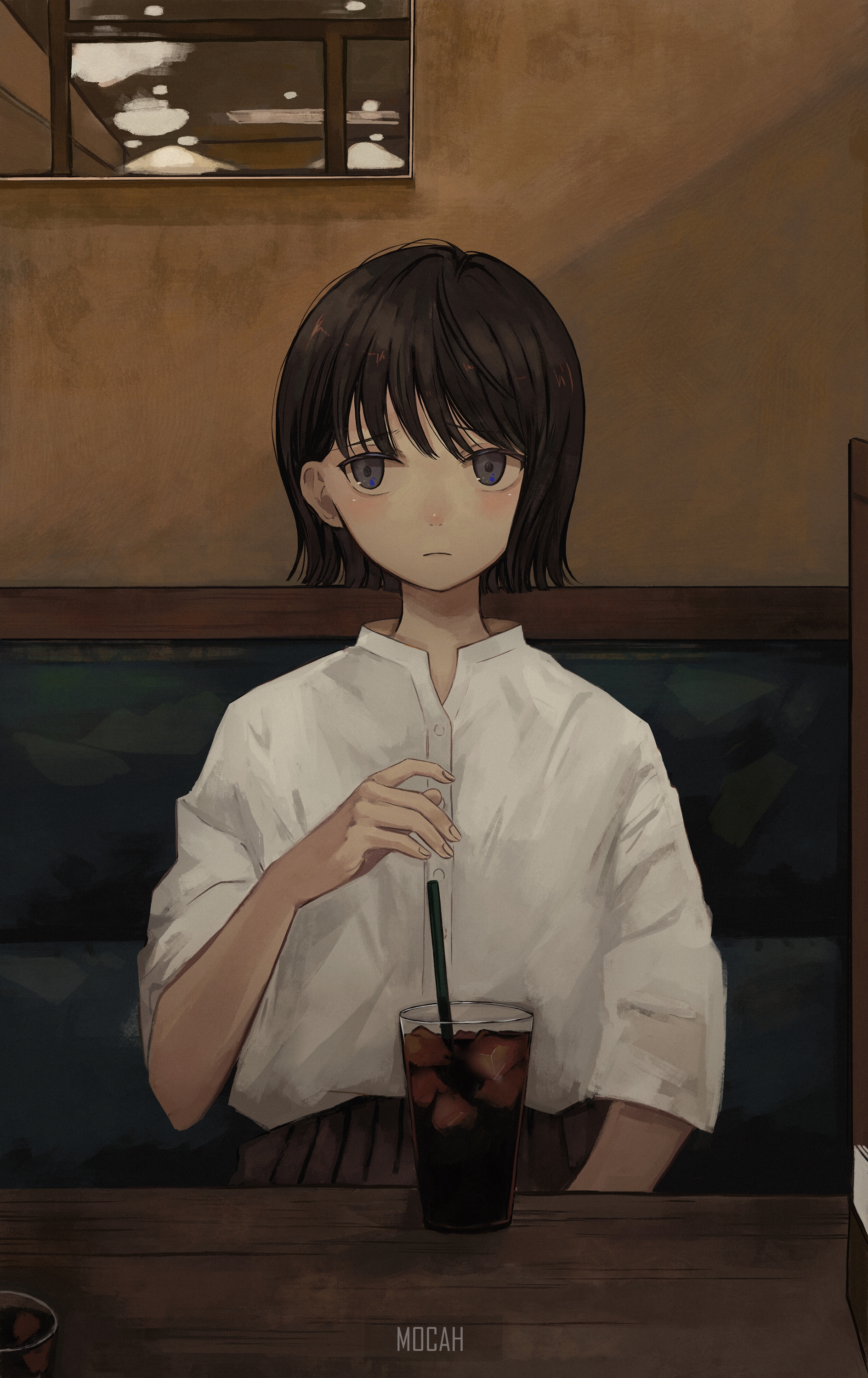 Anime girl with a drink in a cafe HD Phone Wallpaper