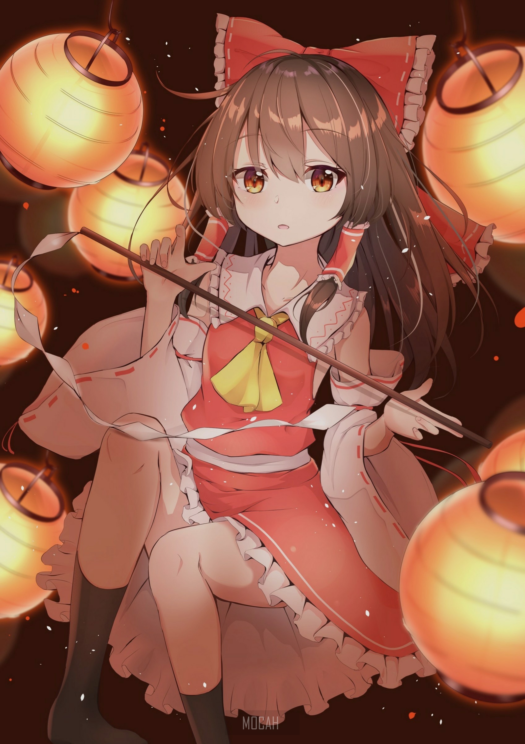 Reimu Hakurei from Touhou with lanterns HD Phone Wallpaper