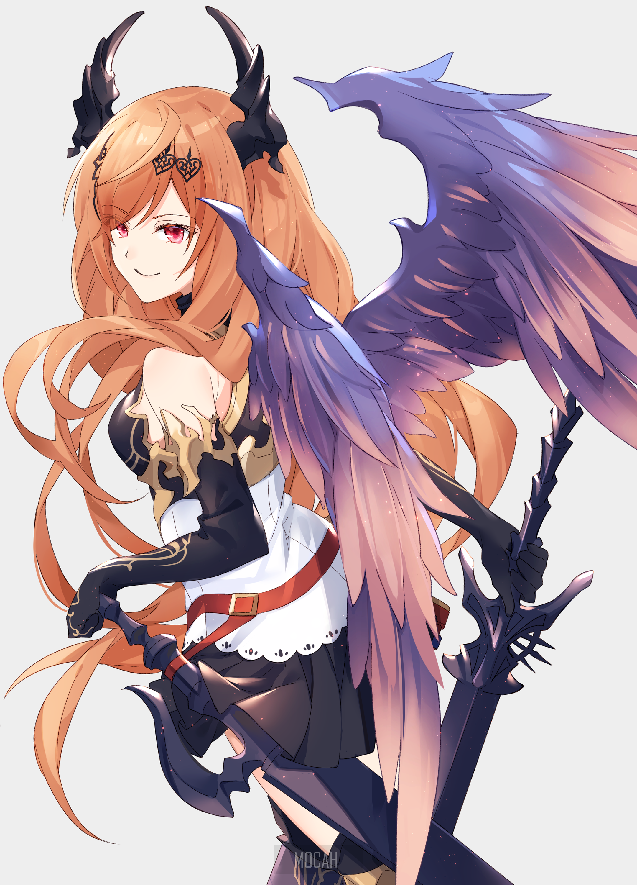 Anime girl with black horns and purple wings holding a sword HD Phone Wallpaper