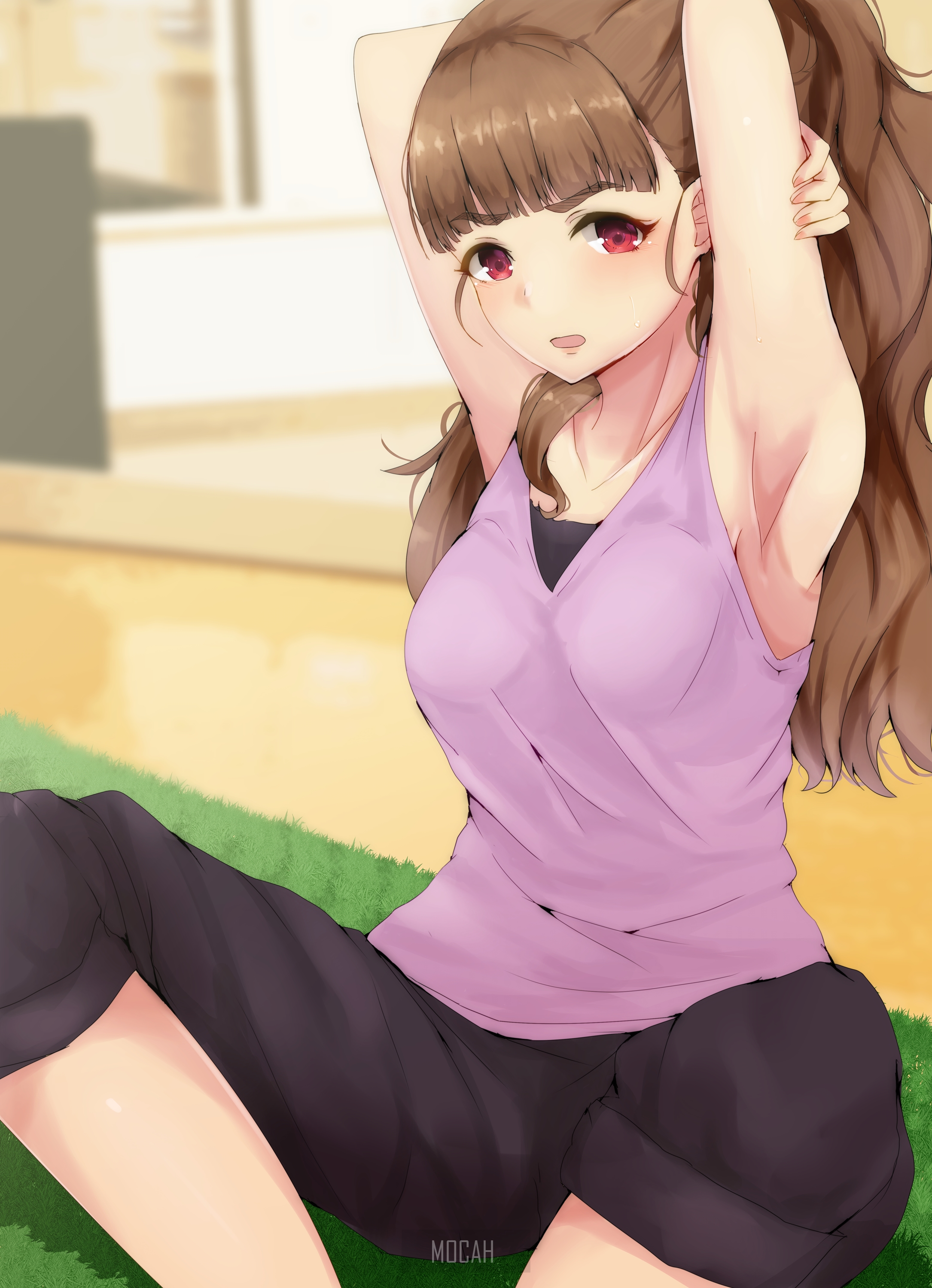Anime girl stretching on a mat HD Phone Wallpaper
