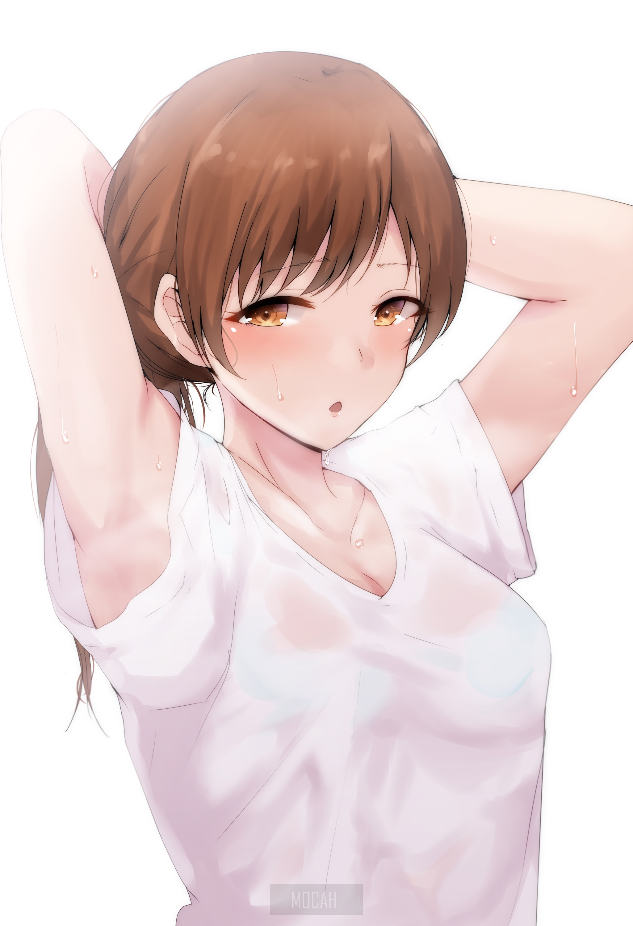 Anime girl with brown hair in white shirt HD Phone Wallpaper