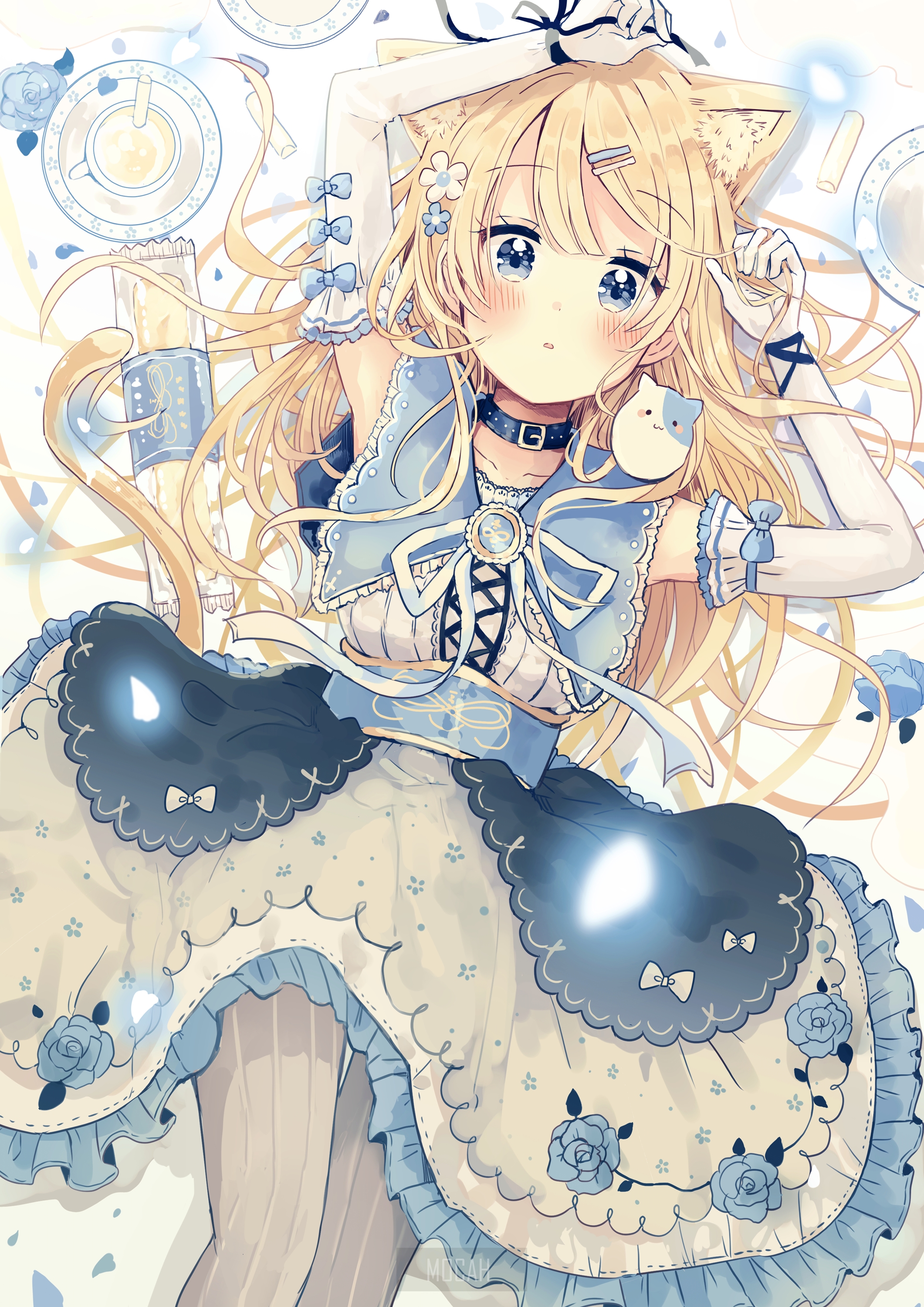 Anime girl with cat ears and blue dress HD Phone Wallpaper
