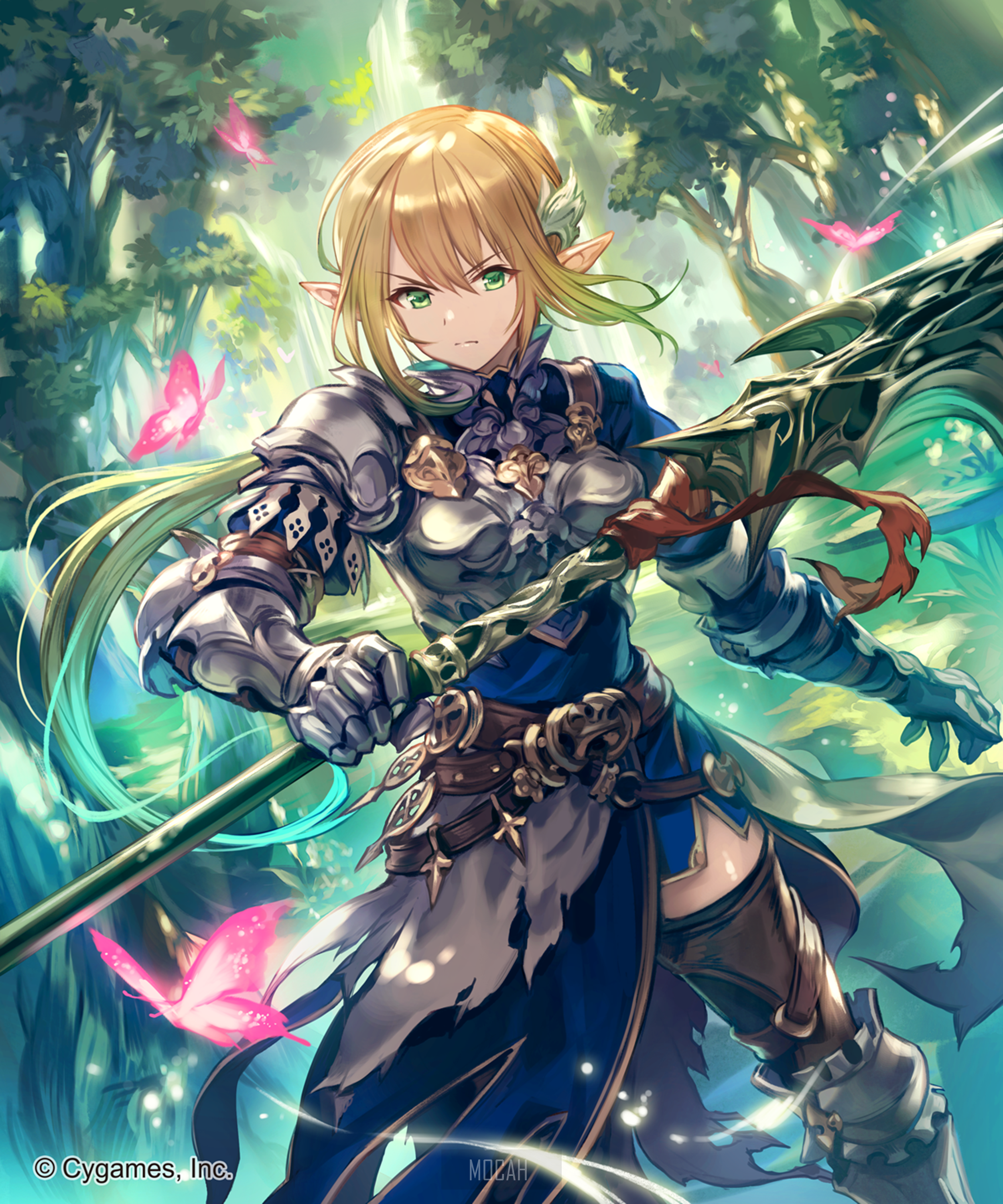 Elf warrior with a spear in a forest HD Phone Wallpaper