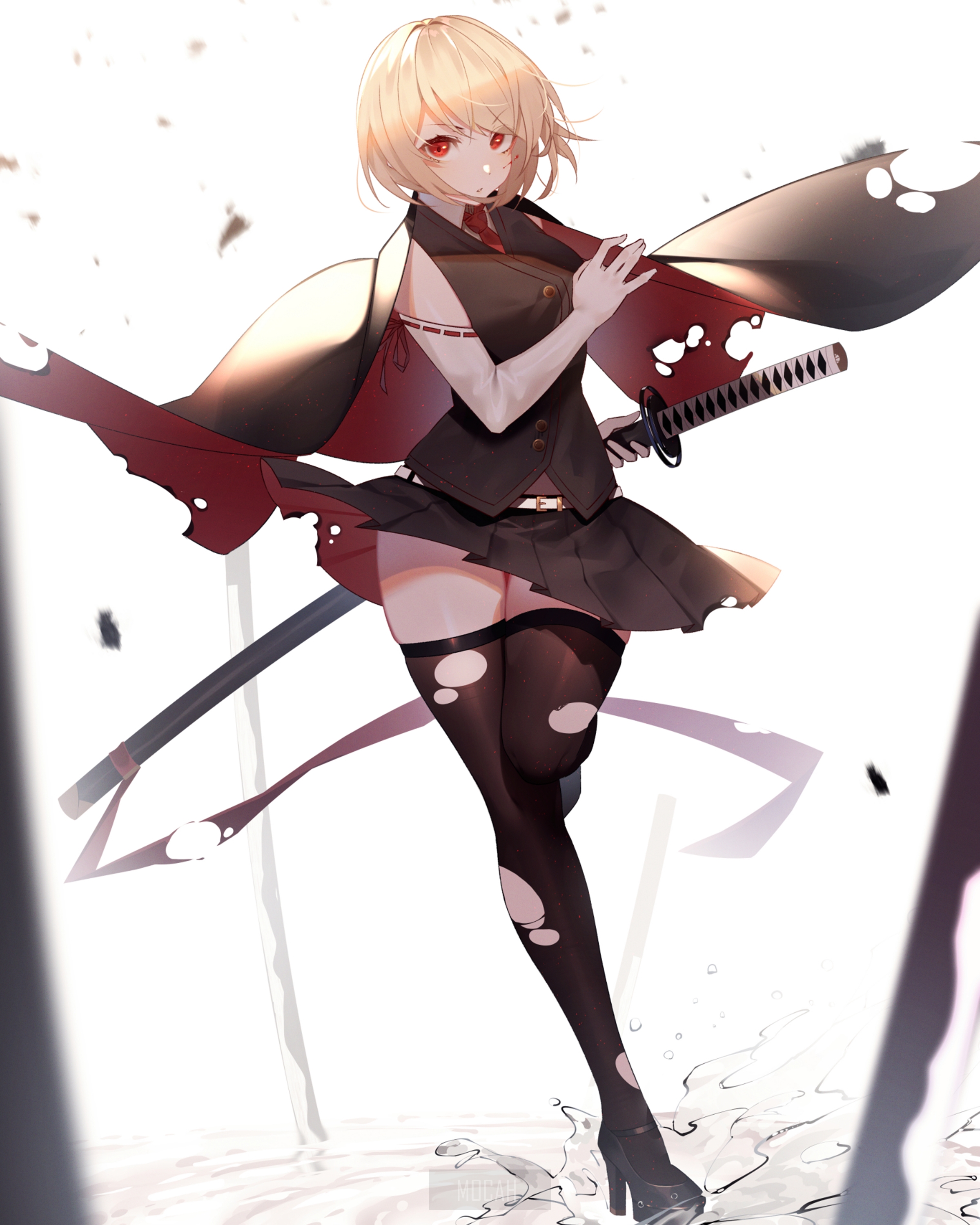 Anime girl with blonde hair and red eyes holding a katana HD Phone Wallpaper