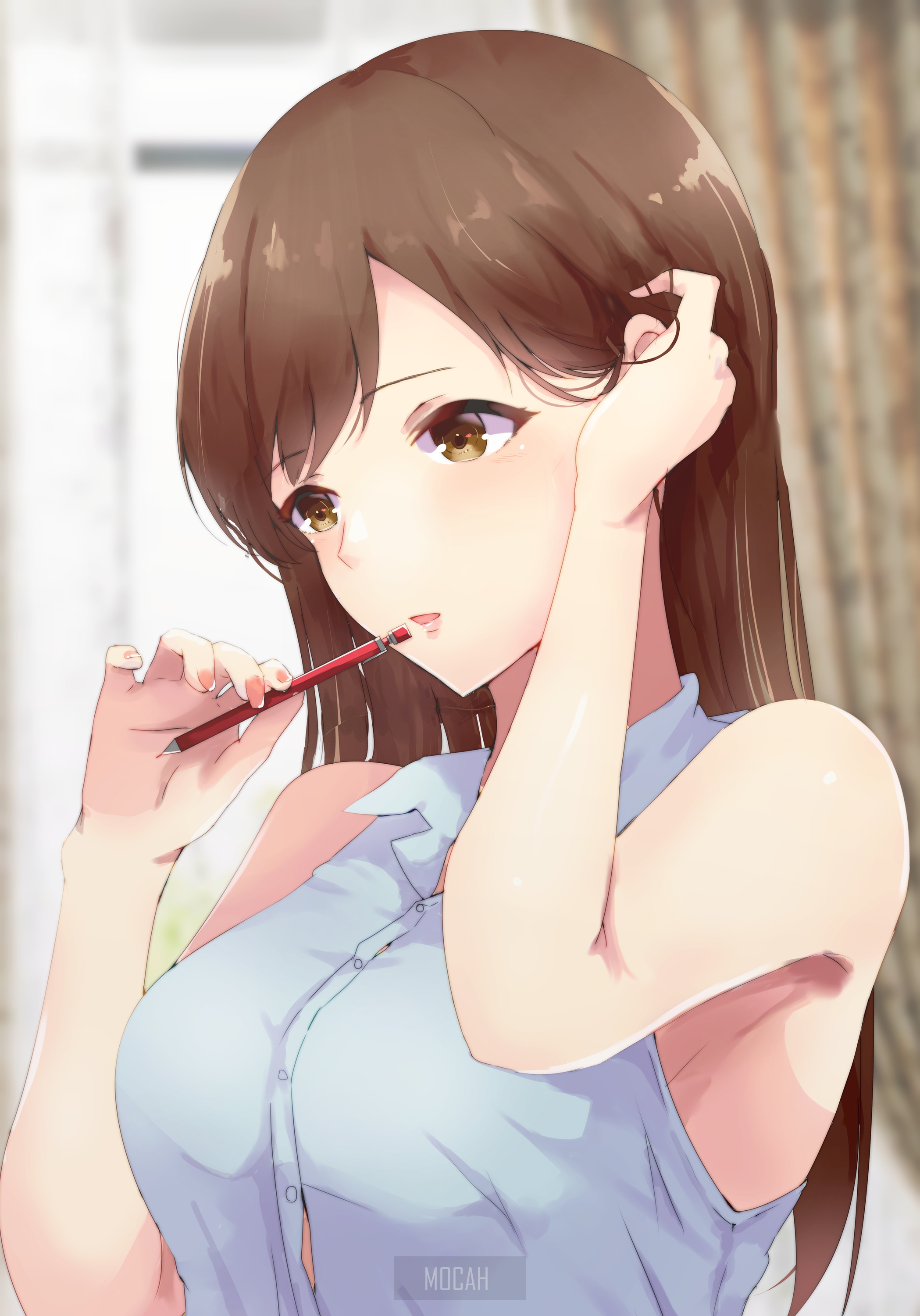 Anime girl with brown hair holding a pencil HD Phone Wallpaper