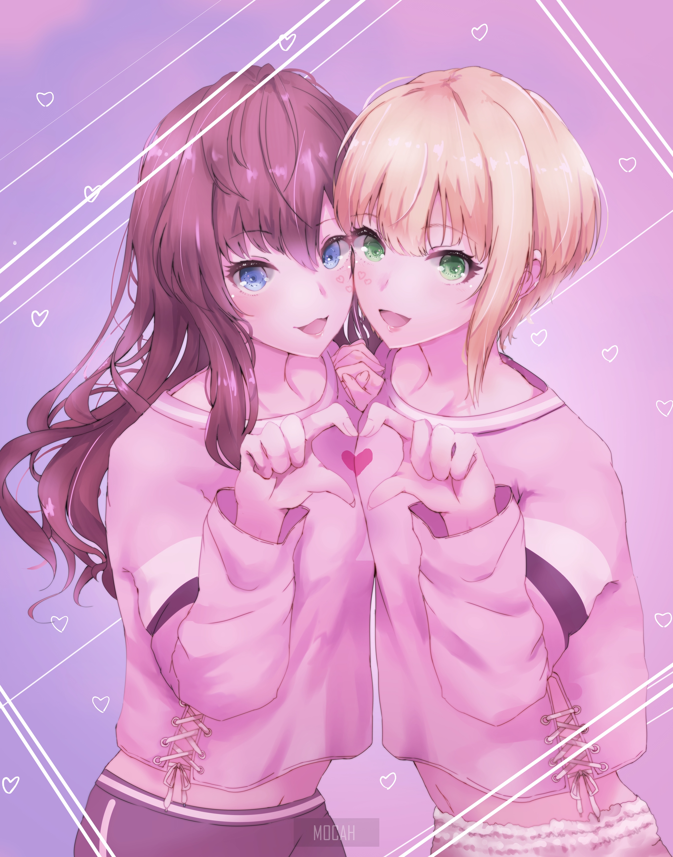 Anime girls forming a heart with their hands HD Phone Wallpaper