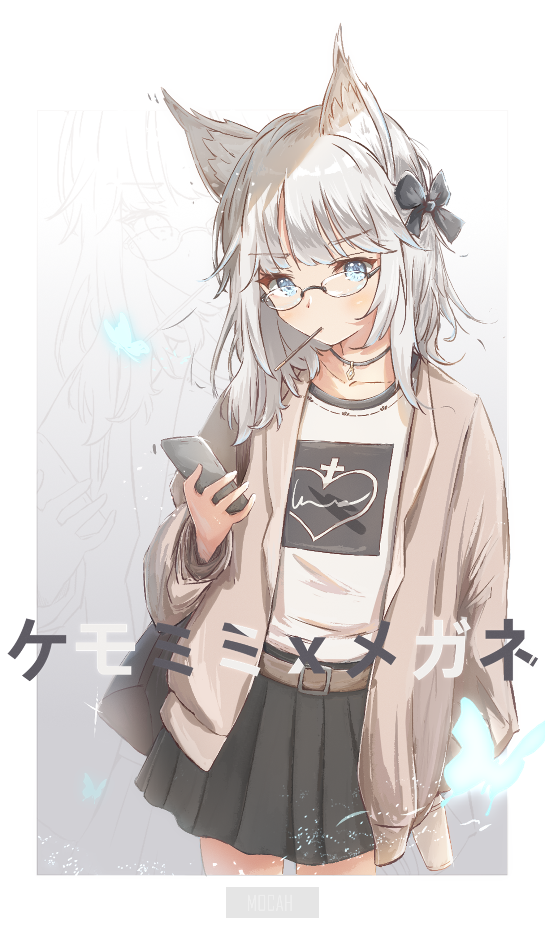 Anime girl with cat ears and glasses holding a phone HD Phone Wallpaper